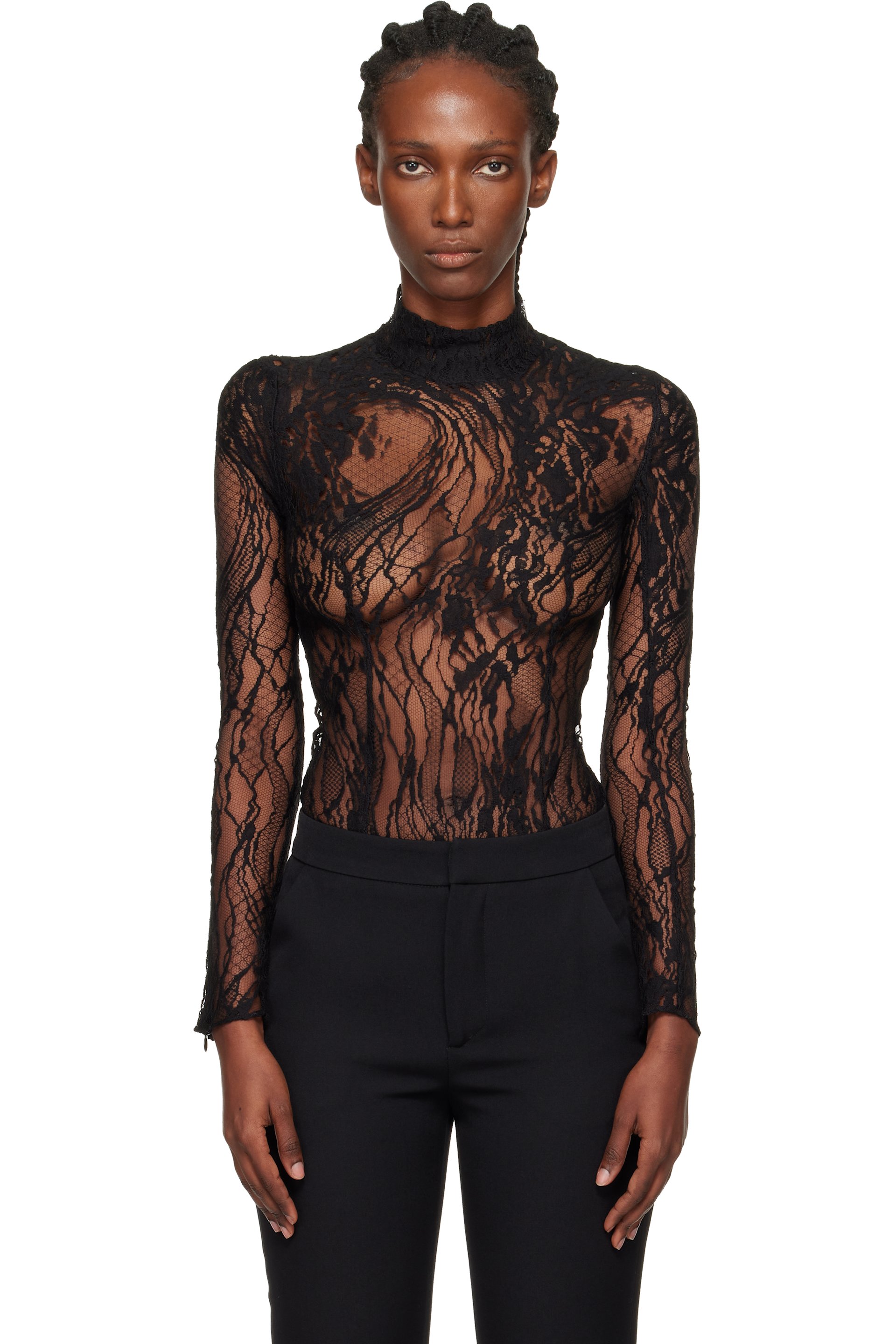 BALMAIN - Black Long-Sleeved Lace Bodysuit