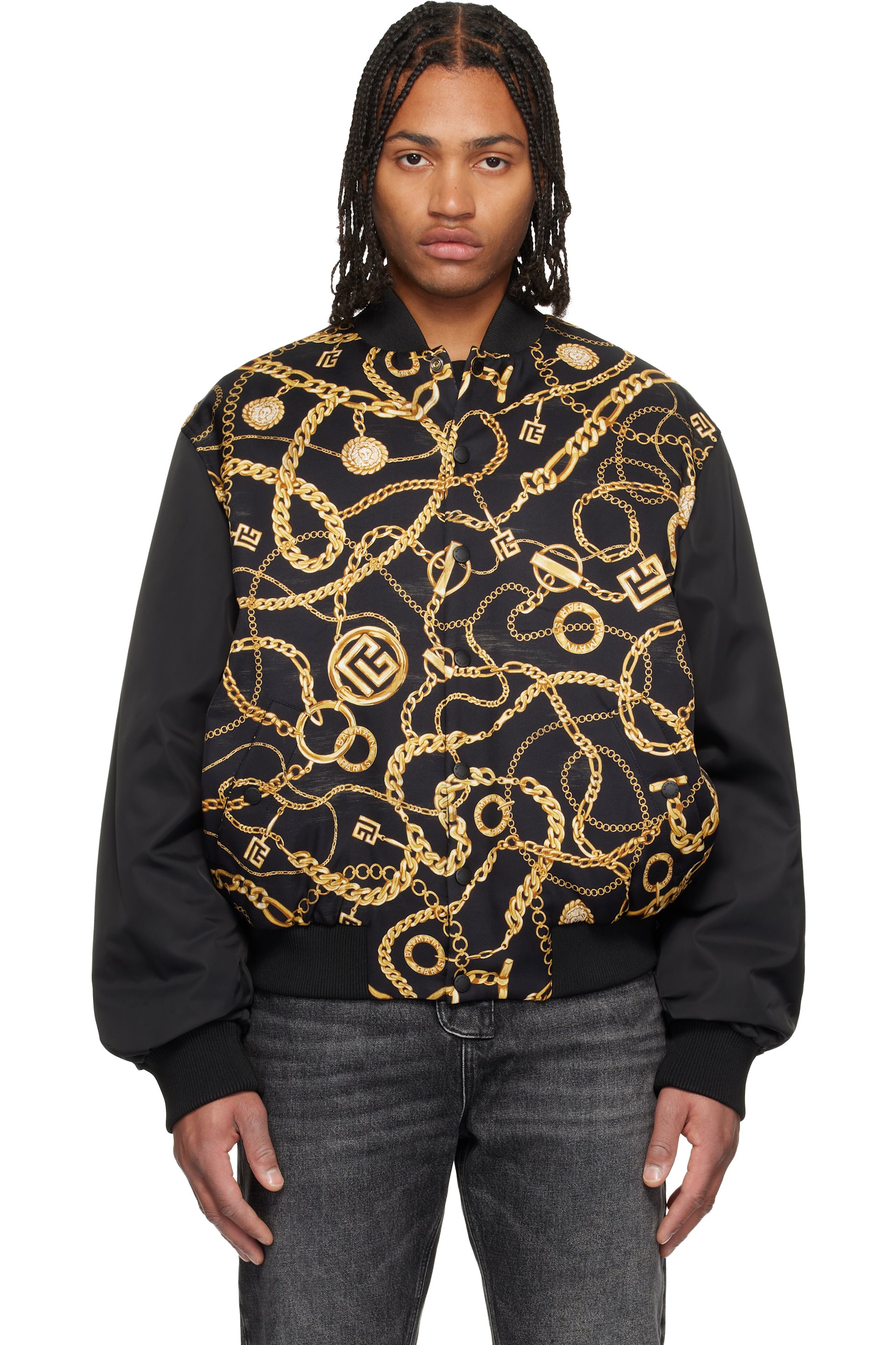 BALMAIN - Black Chaînes Pattern & Monogram Reversible Bomber Jacket