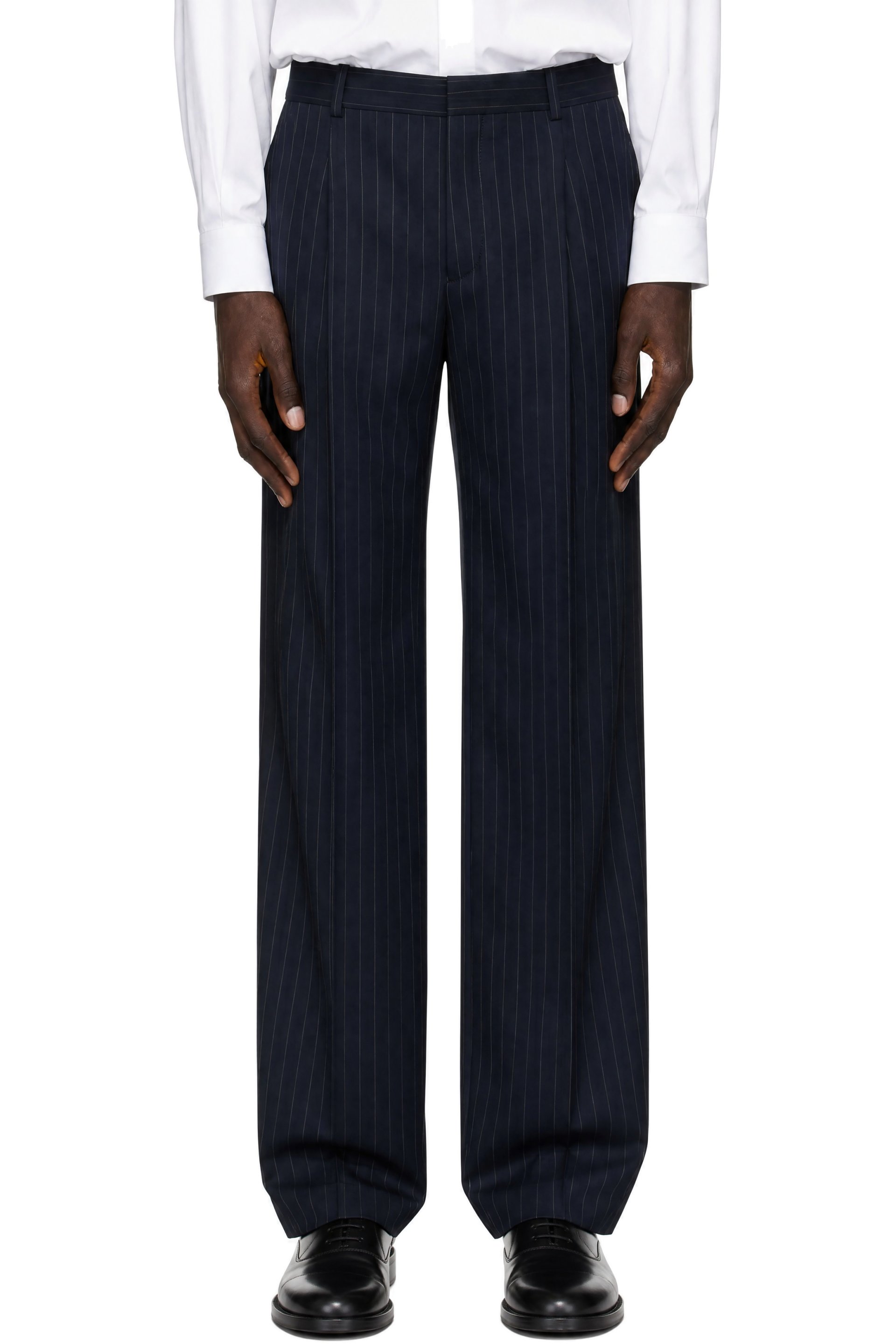 BALMAIN - Navy Wide Pinstripe Wool Trousers
