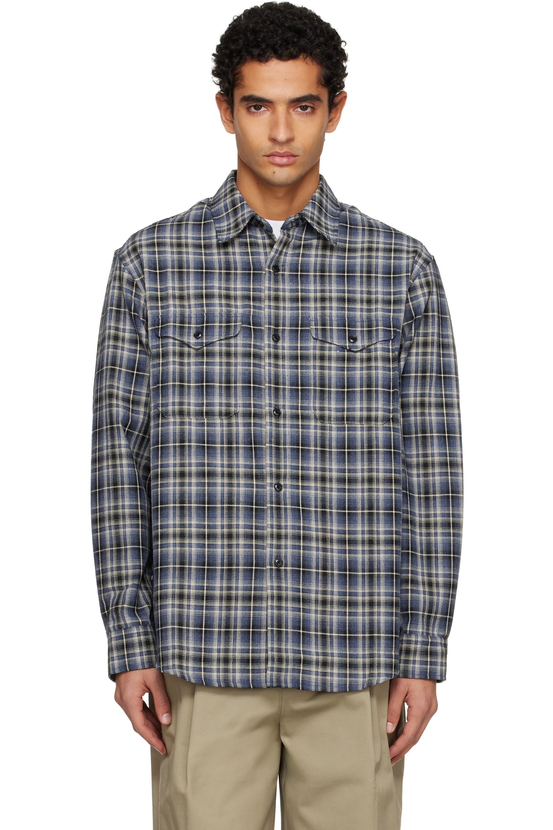 TONYWACK - Navy Checked Cotton Double Pocket Shirt