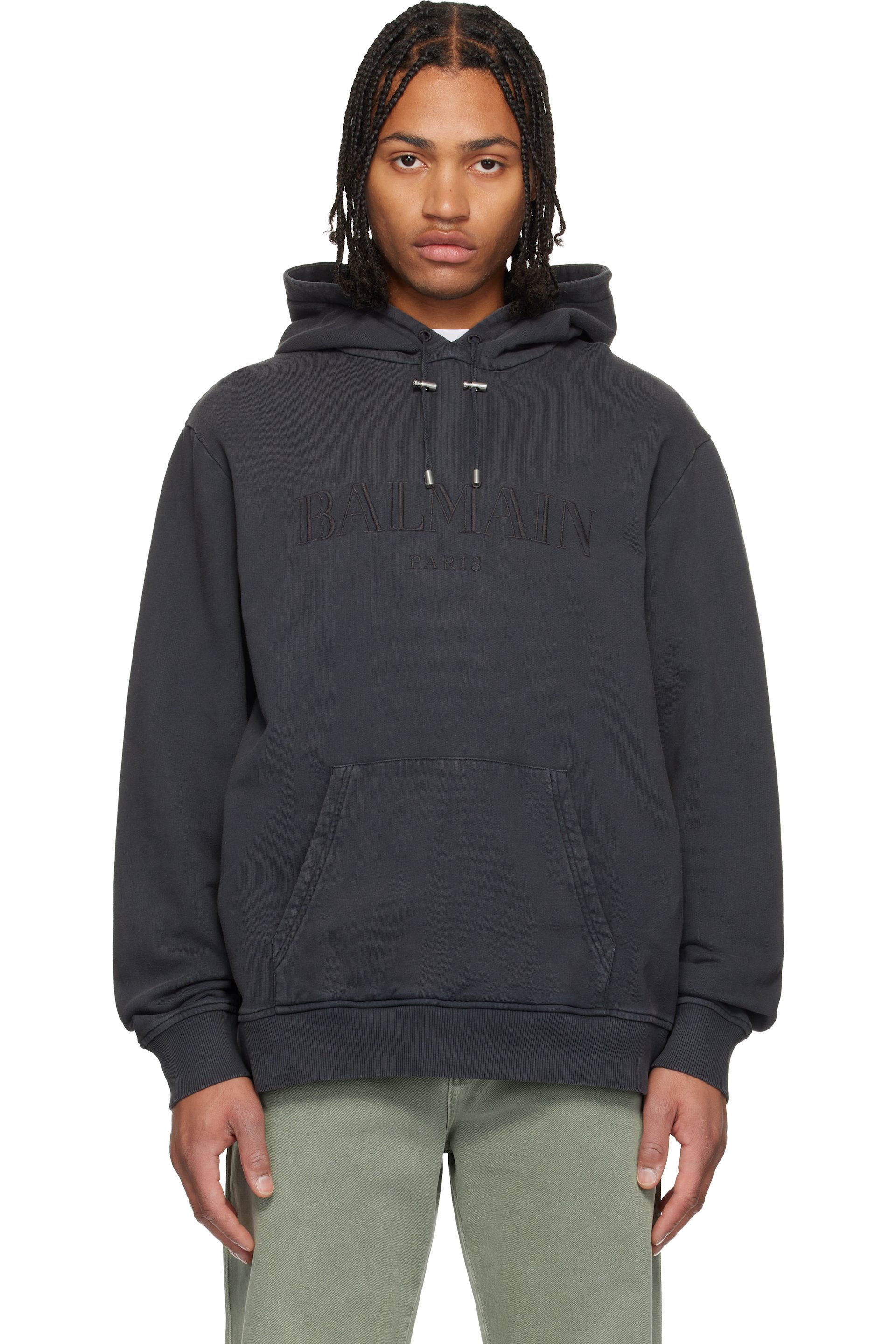 BALMAIN - Gray Vintage 'Balmain' Embroidered Hoodie