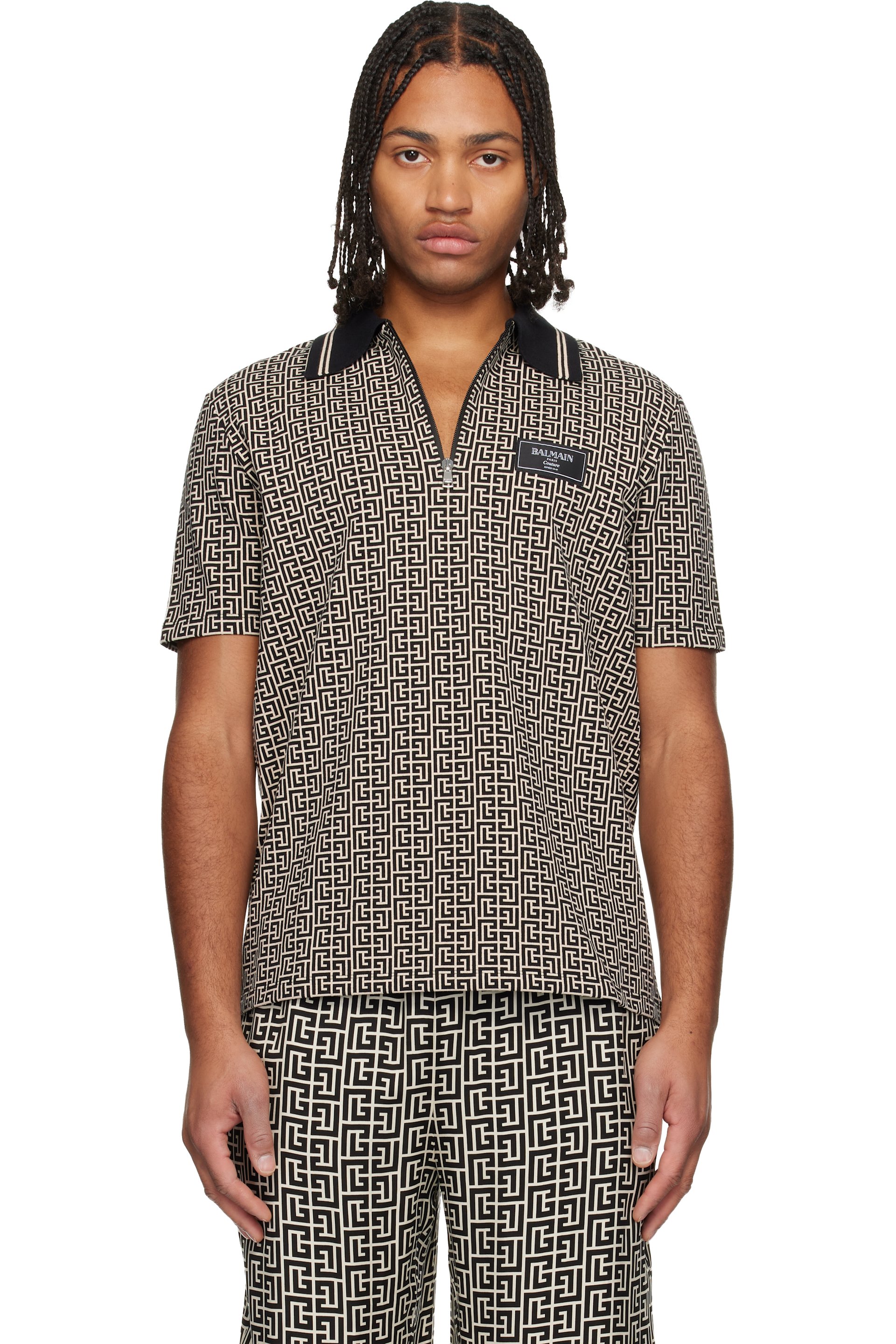 BALMAIN - Black & Beige Monogram Polo