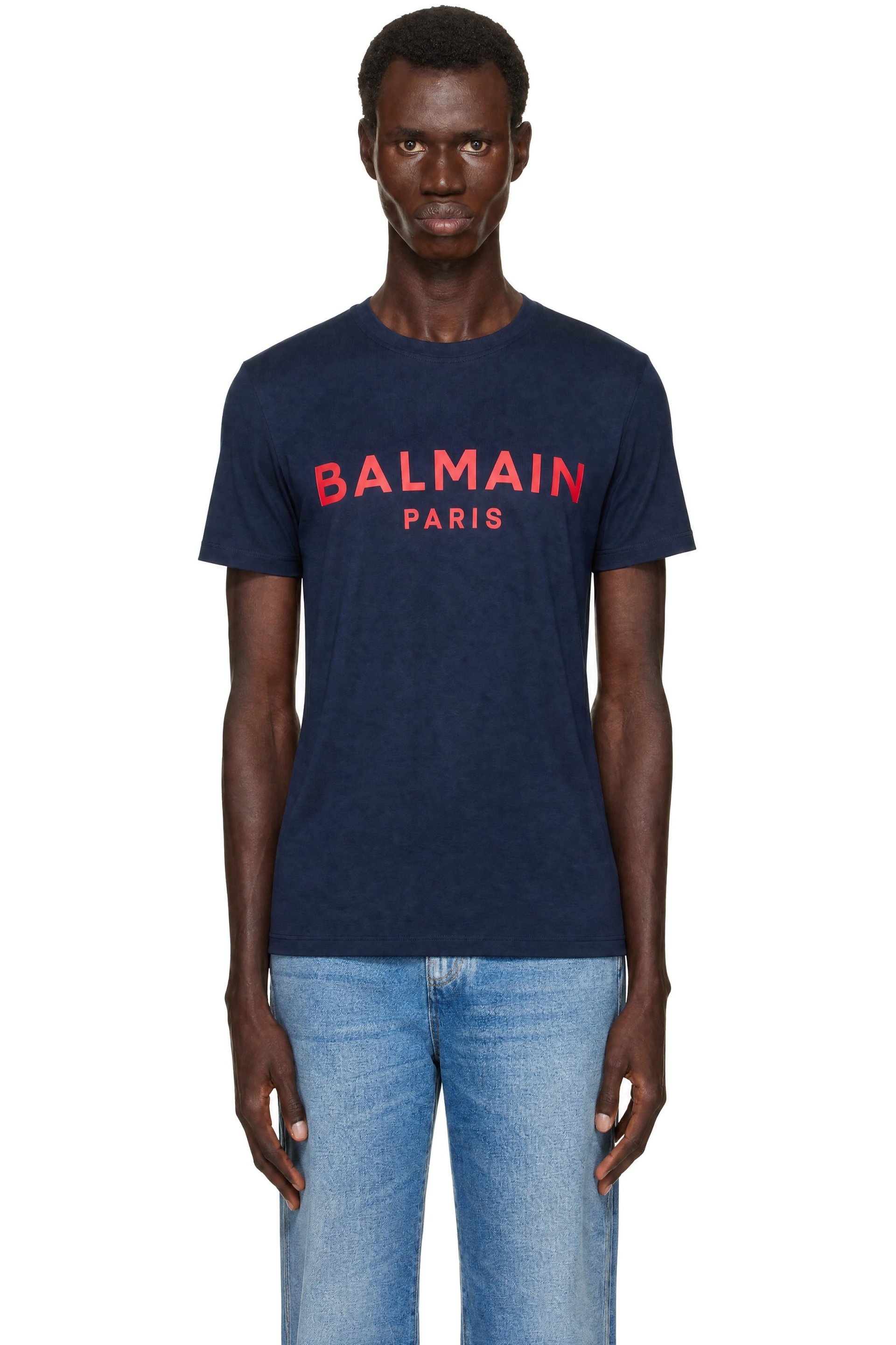 BALMAIN - Navy & Red Printed 'Balmain Paris' T-shirt