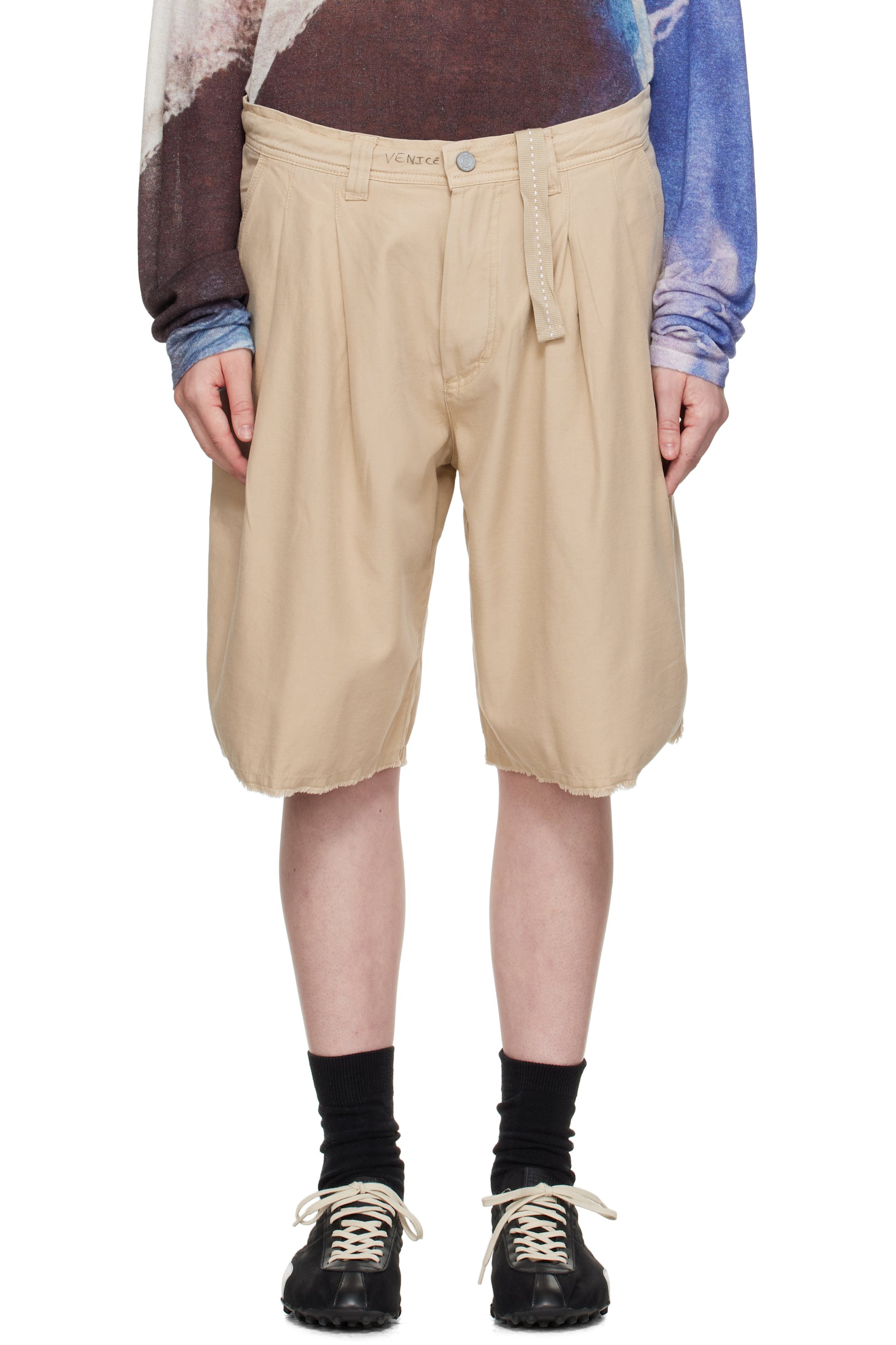ERL - Short chino beige à effet usé