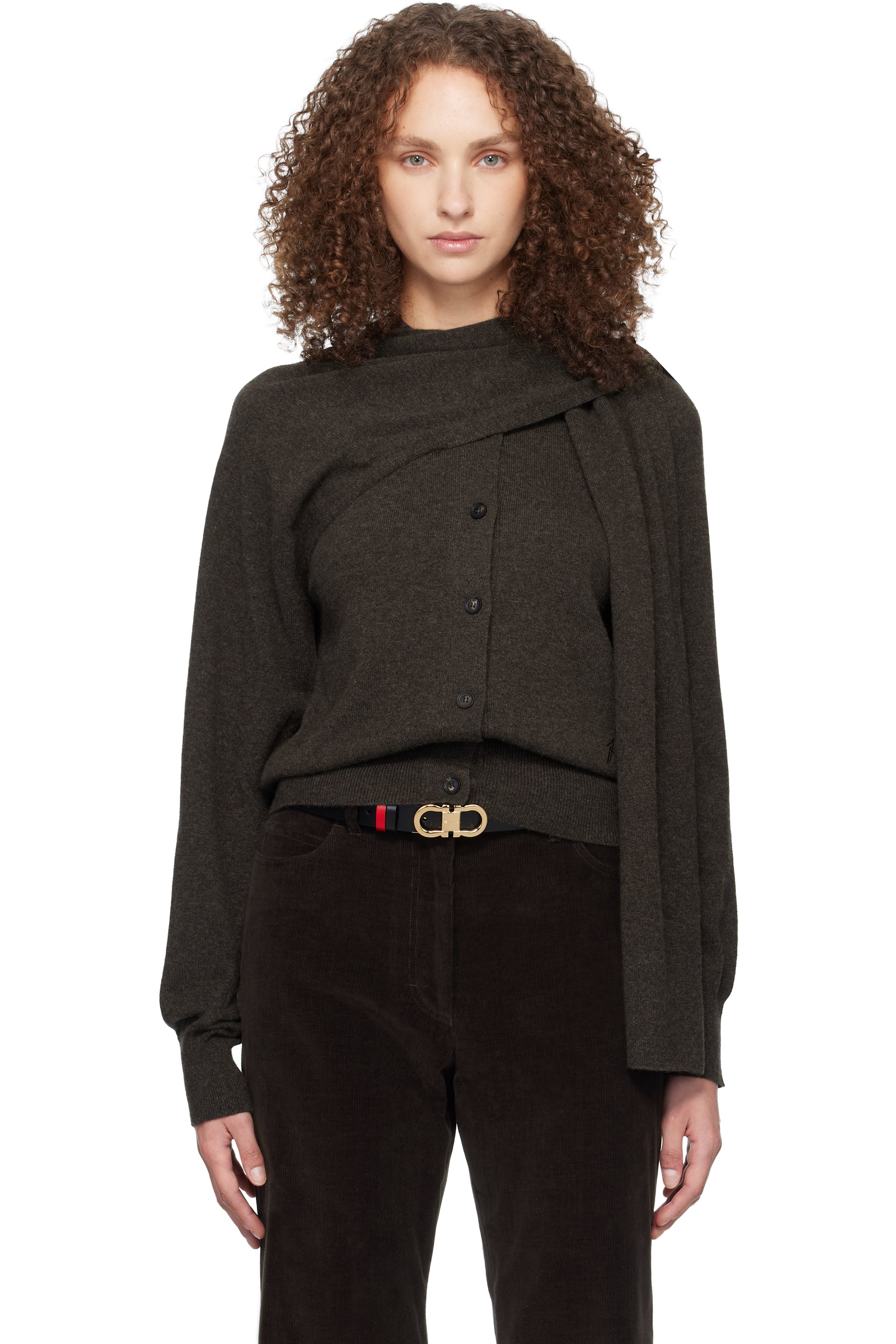 Ferragamo - Cardigan gris à écharpe intégrée