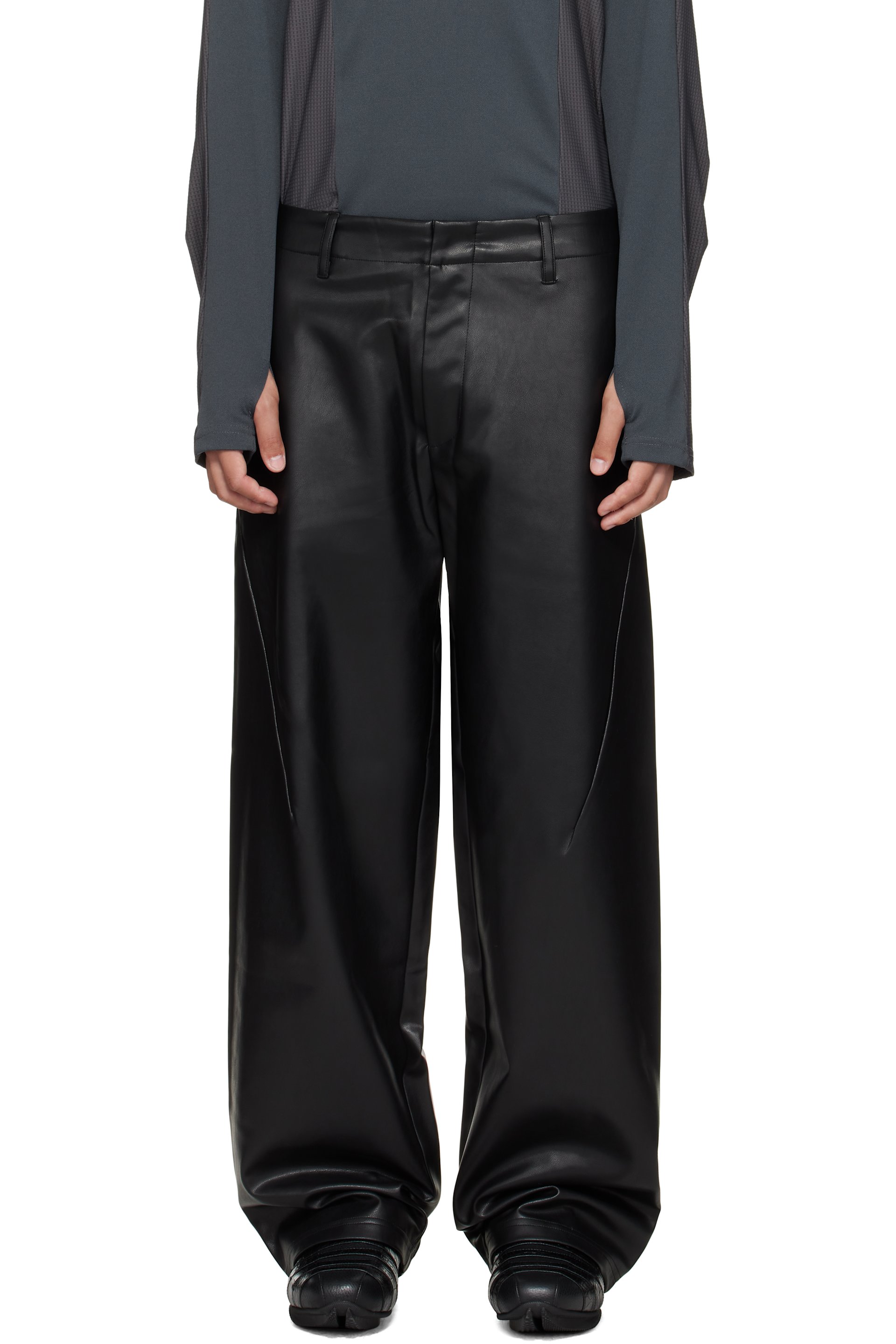 J EONGL I - SSENSE Exclusive Black Cicada Faux-Leather Trousers