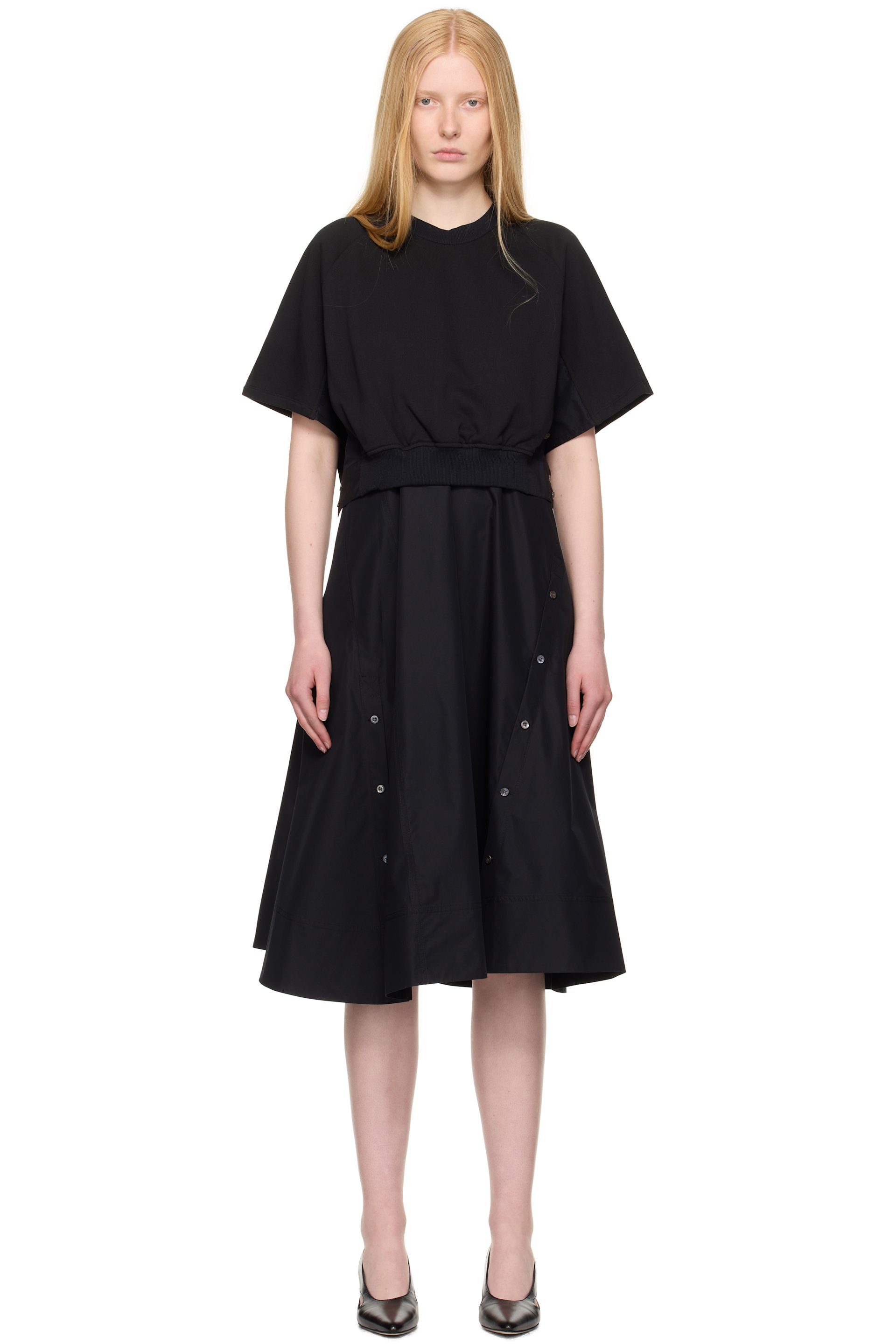3.1 Phillip Lim - Robe midi à manches courtes noire en jersey bouclette à panneaux