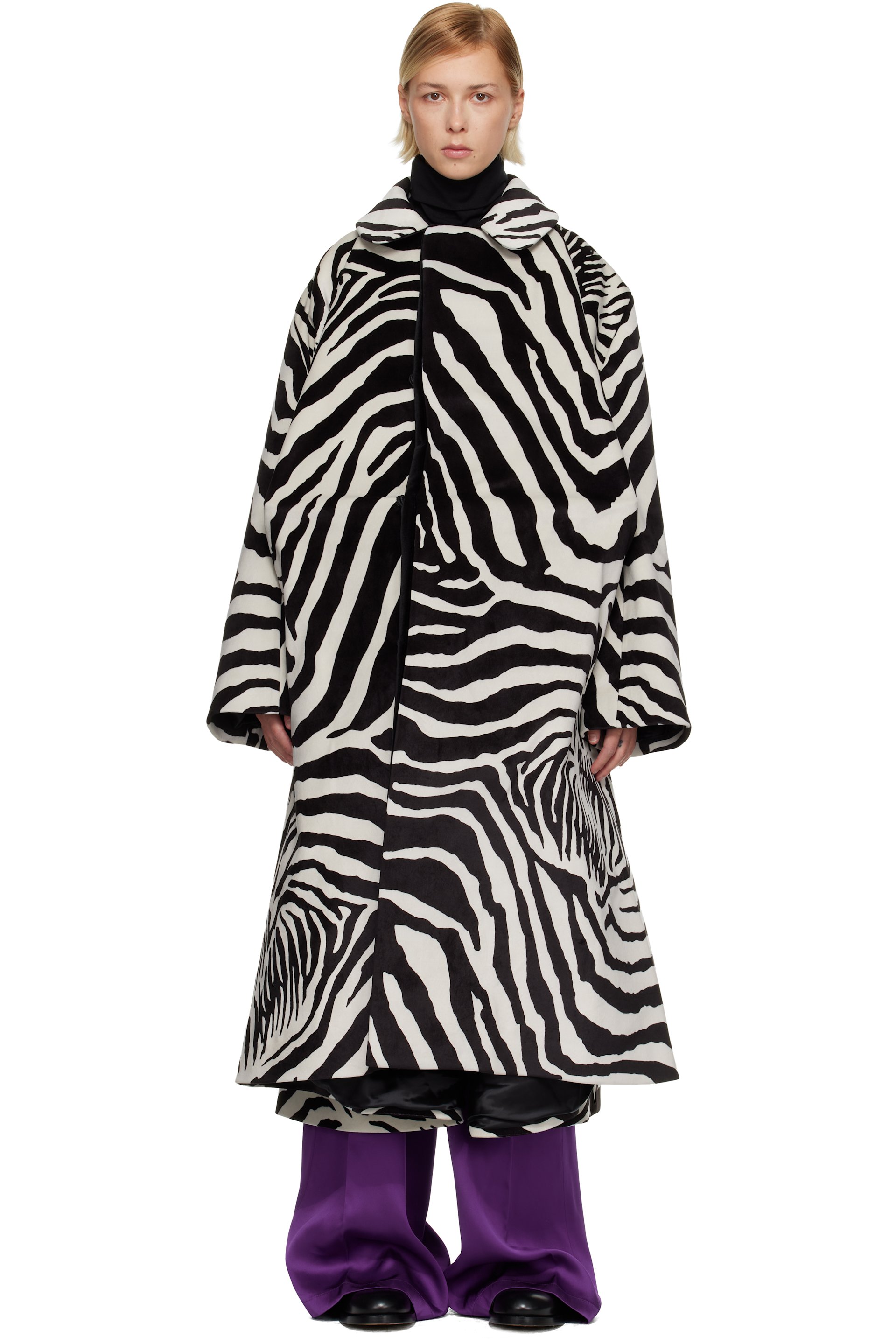 Black & White Sculptured Oversized Faux-Suede Coat by Duran