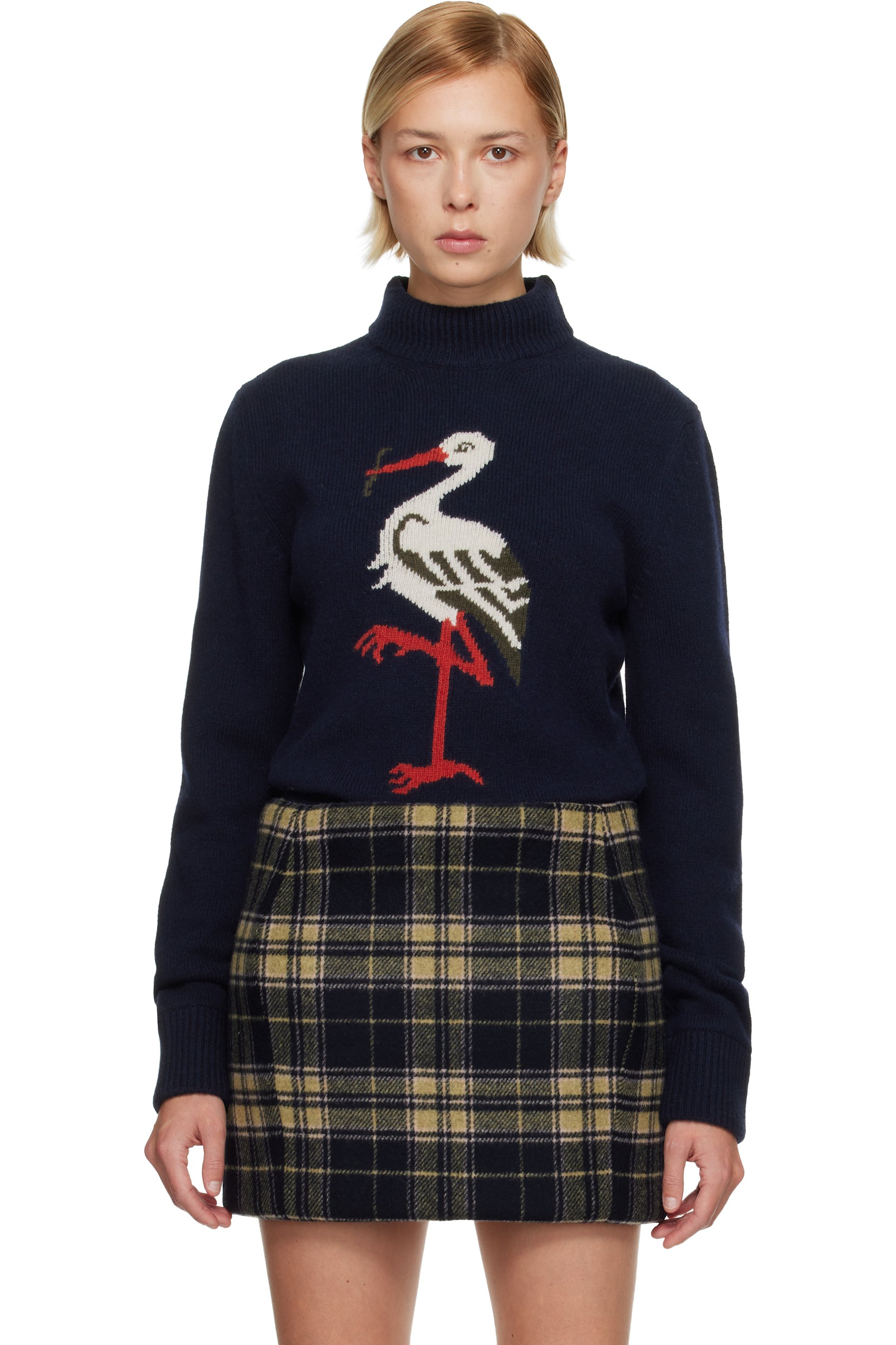 Duran Lantink - Col roulé bleu marine en tricot à image de héron