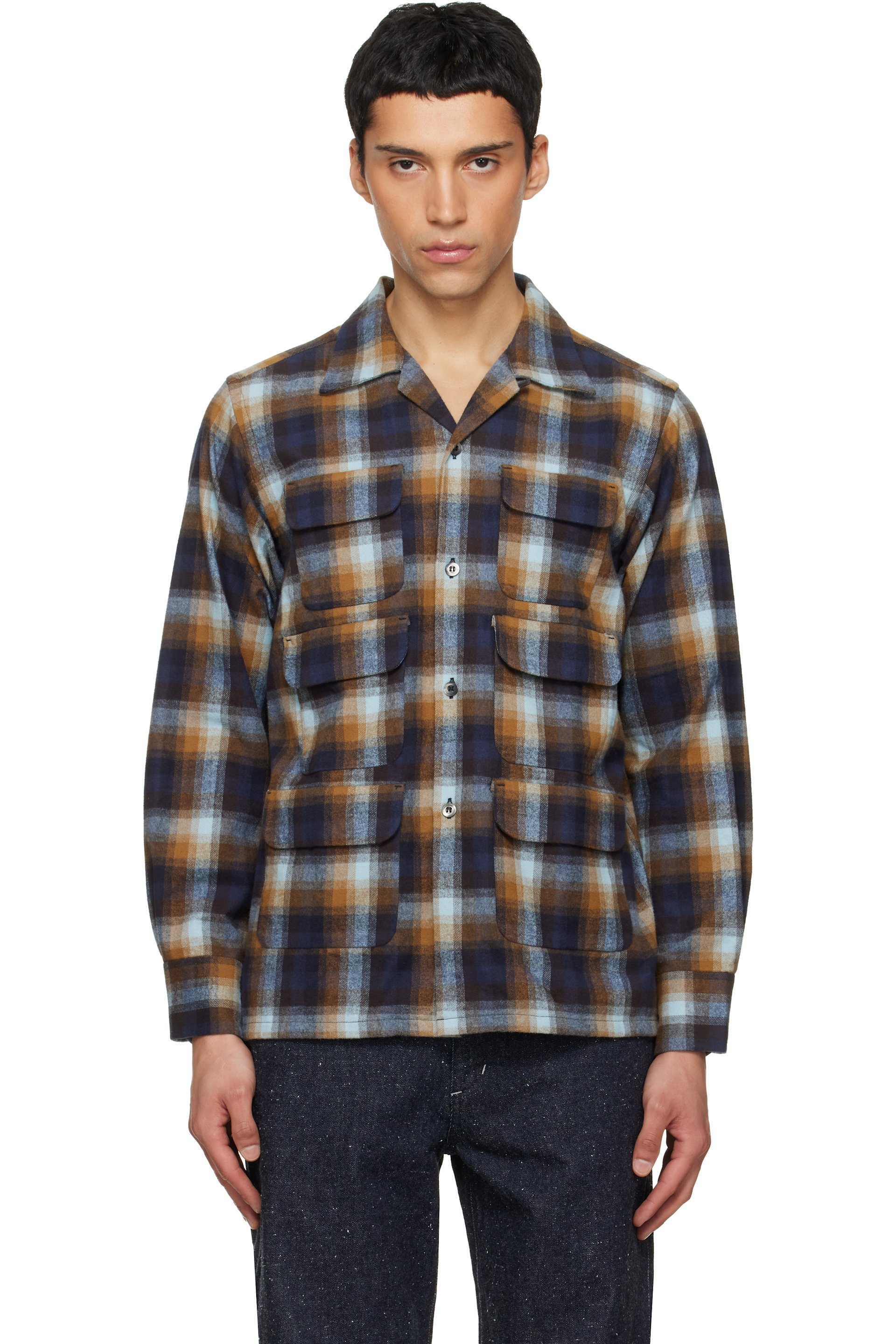 South2 West8 - Chemise bleu marine et brun à six poches