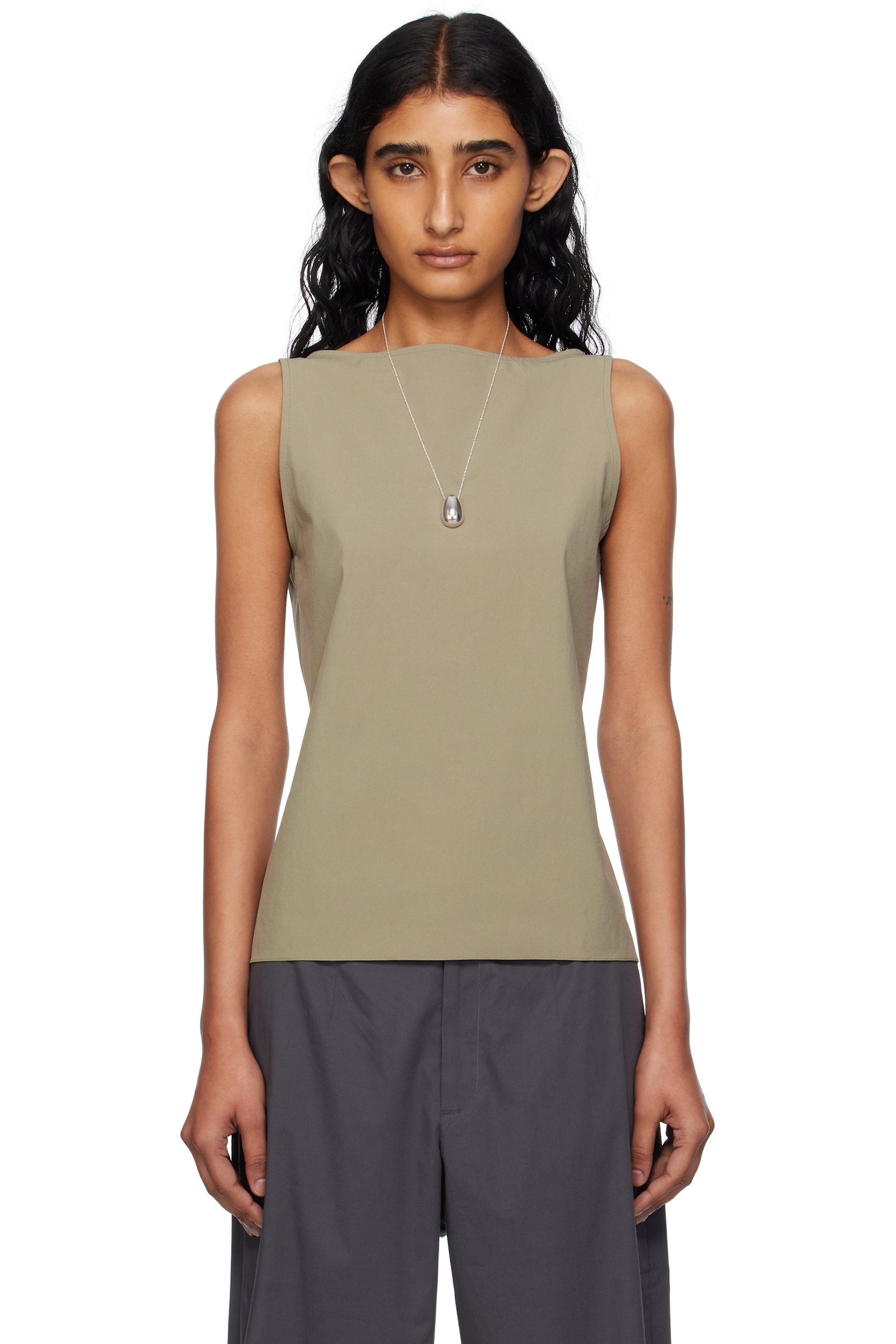 BAMBOU ROGER KWONG - Haut gris en taffetas extensible de nylon à col bateau