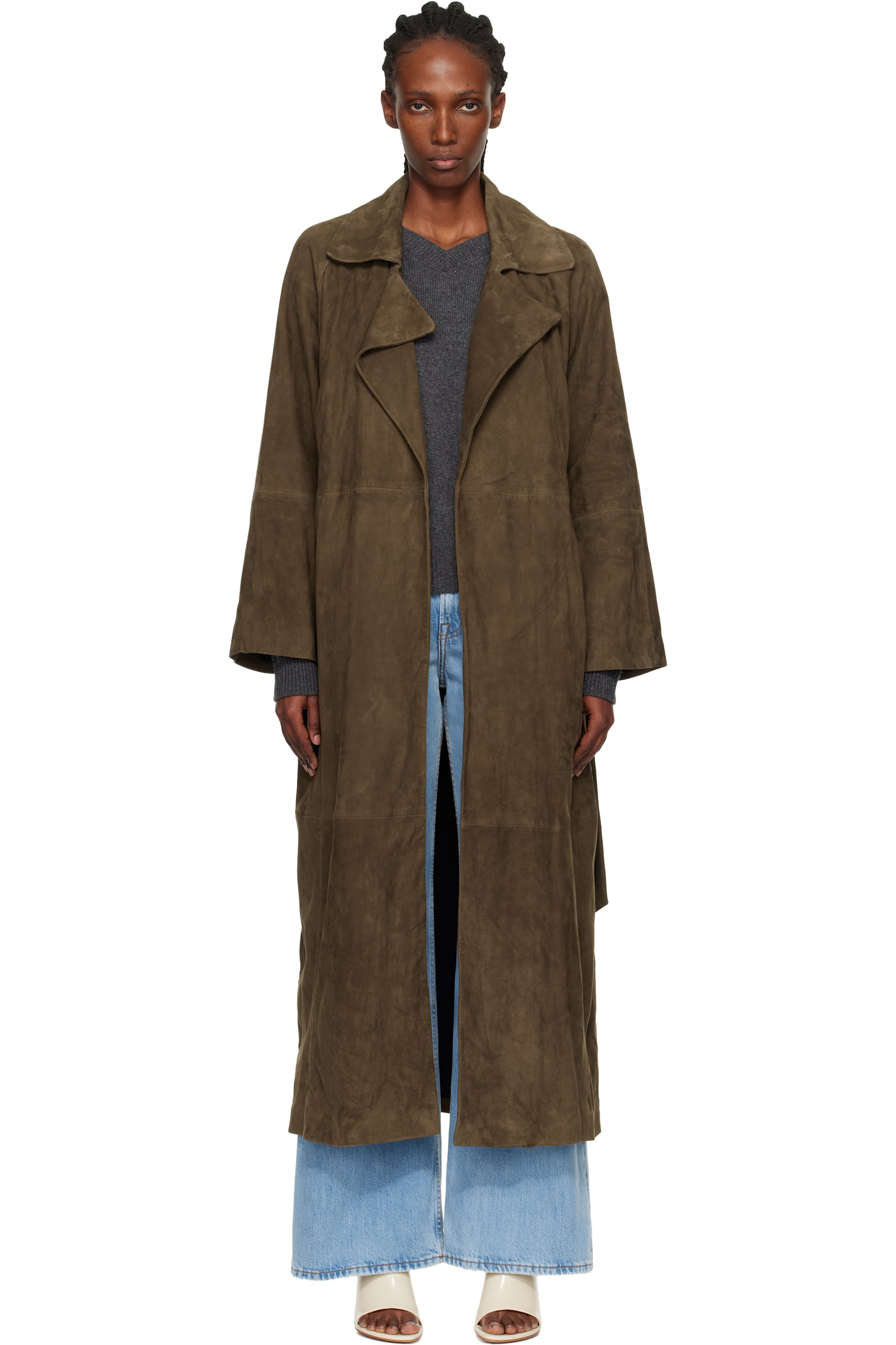 Nour Hammour - Manteau Althea vert en suède à ceinture