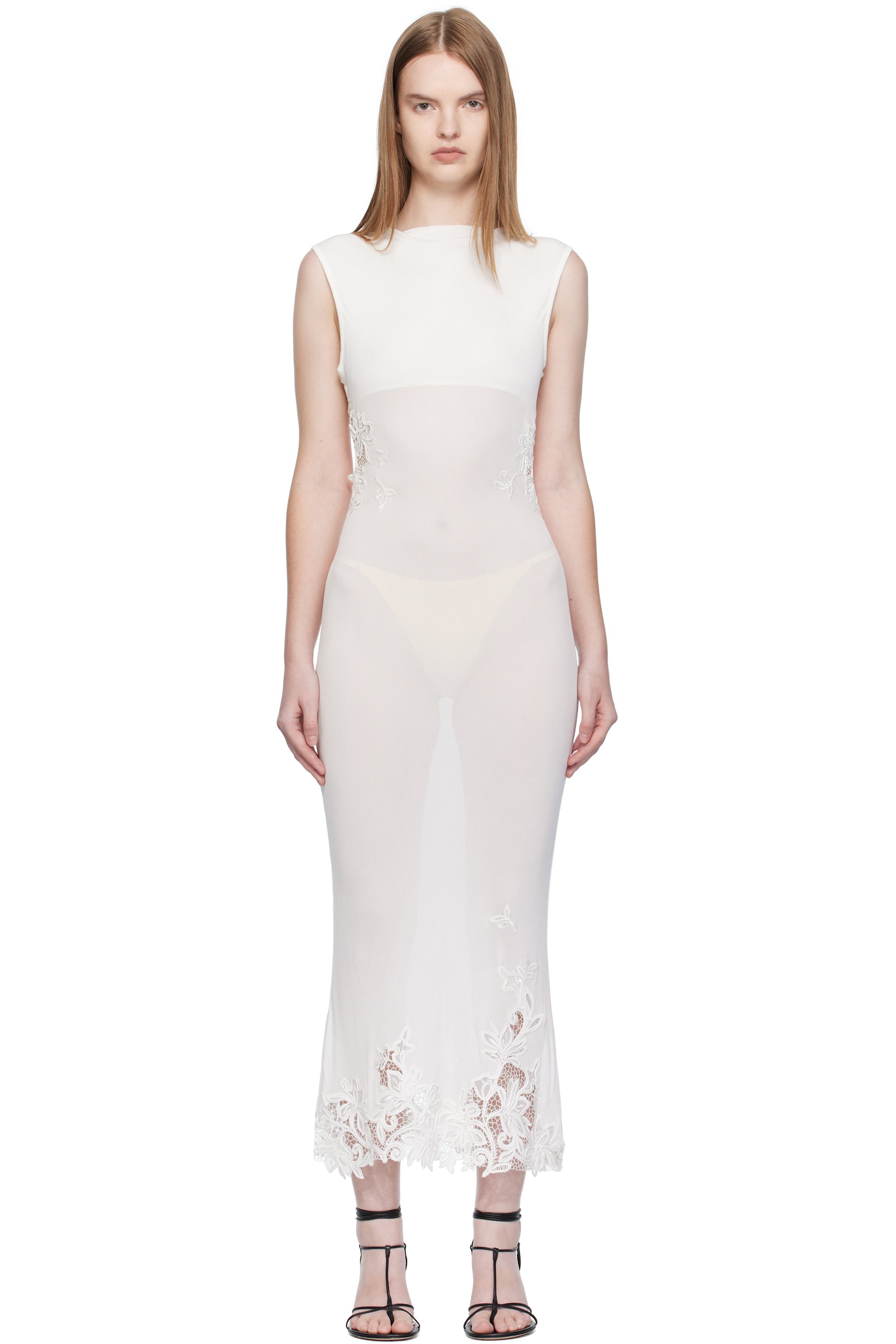 White Hibiscus Embroidered Rib Midi Dress by Christopher Esber on Sale White Hibiscus Embroidered Rib Midi Dress by Christopher Esber on Sale