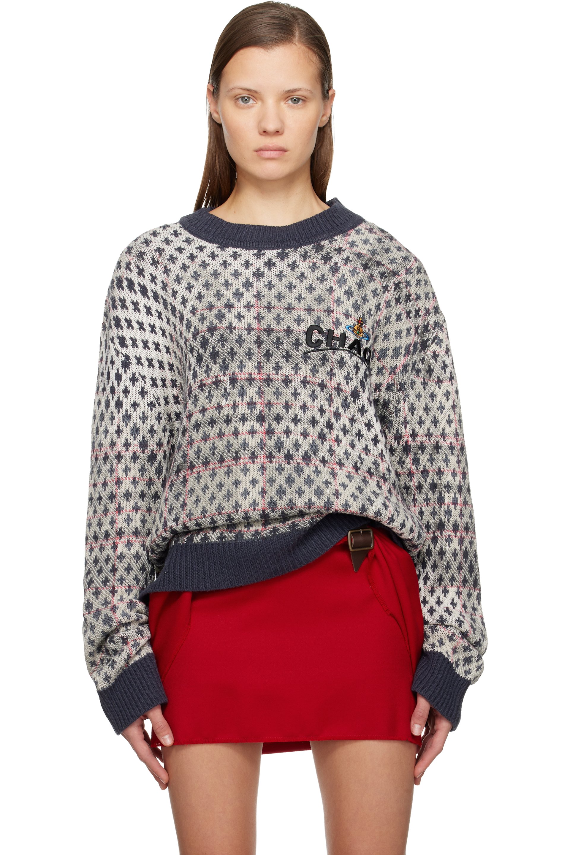 Vivienne Westwood - Pull blanc cassé et bleu marine à effet usé et à motif tartan