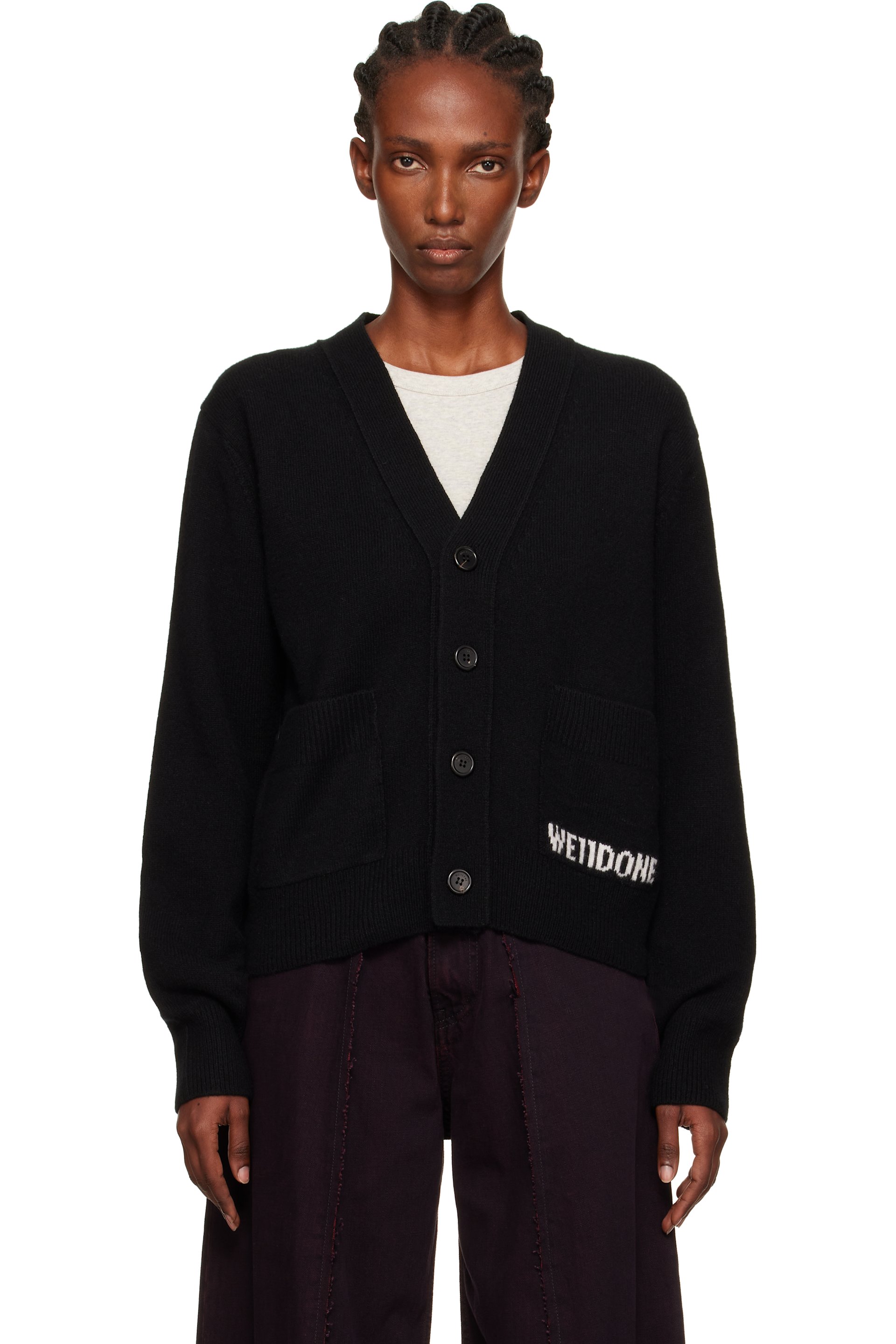 We11done - Cardigan noir en tricot à poches et à logo