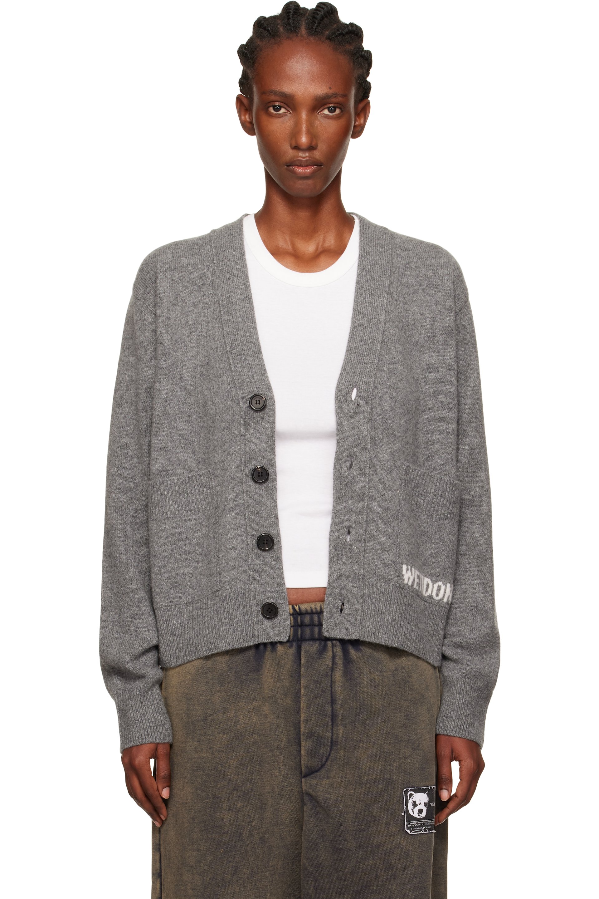 We11done - Gray Pocket Logo Knit Cardigan