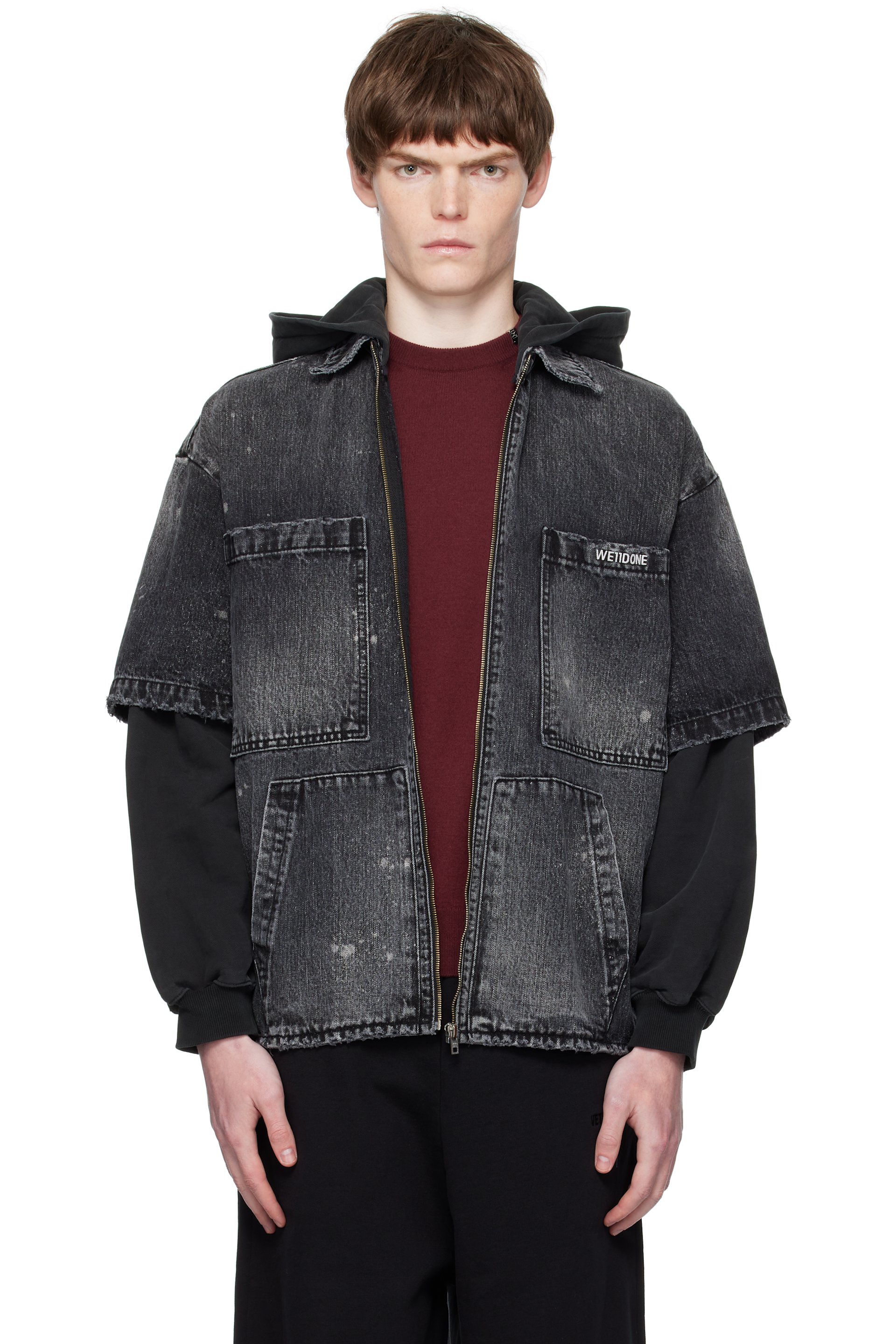 We11done - Blouson étagé noir en denim à capuche et à effet délavé