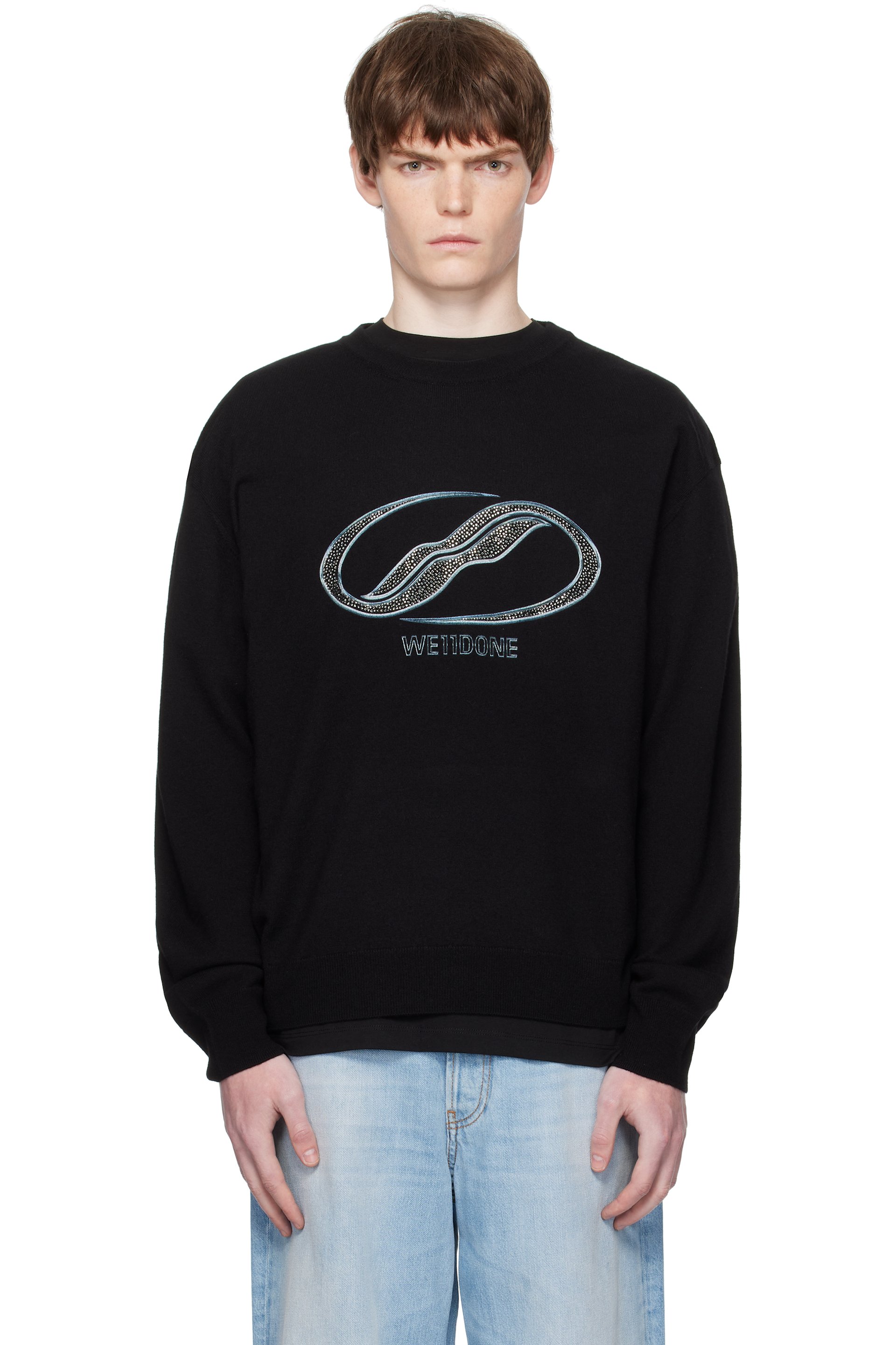 We11done - ブラック Knit Pullover ロゴ ラインストーン セーター