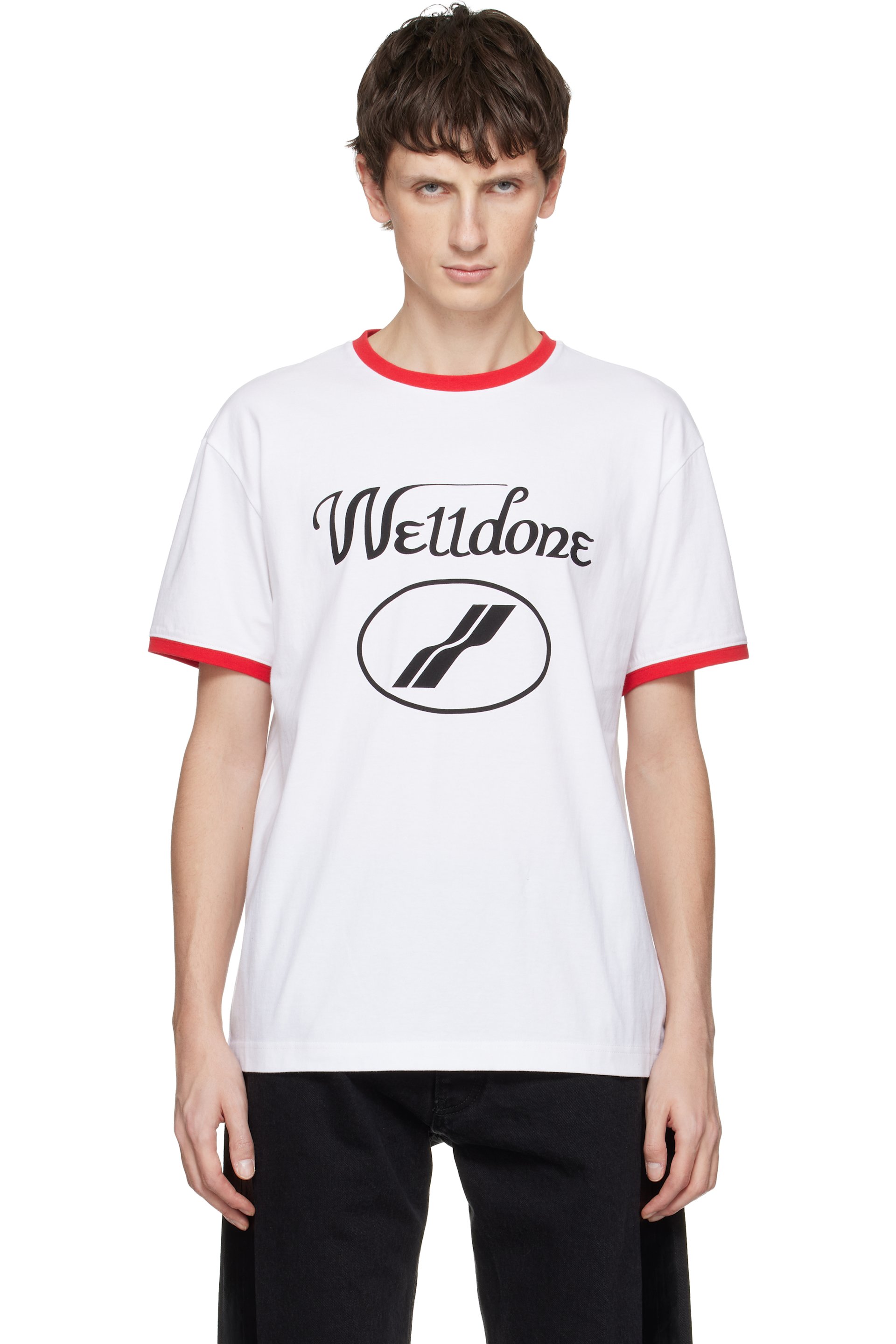 We11done - T-shirt ajusté blanc à logo manuscrit et à bordures contrastées