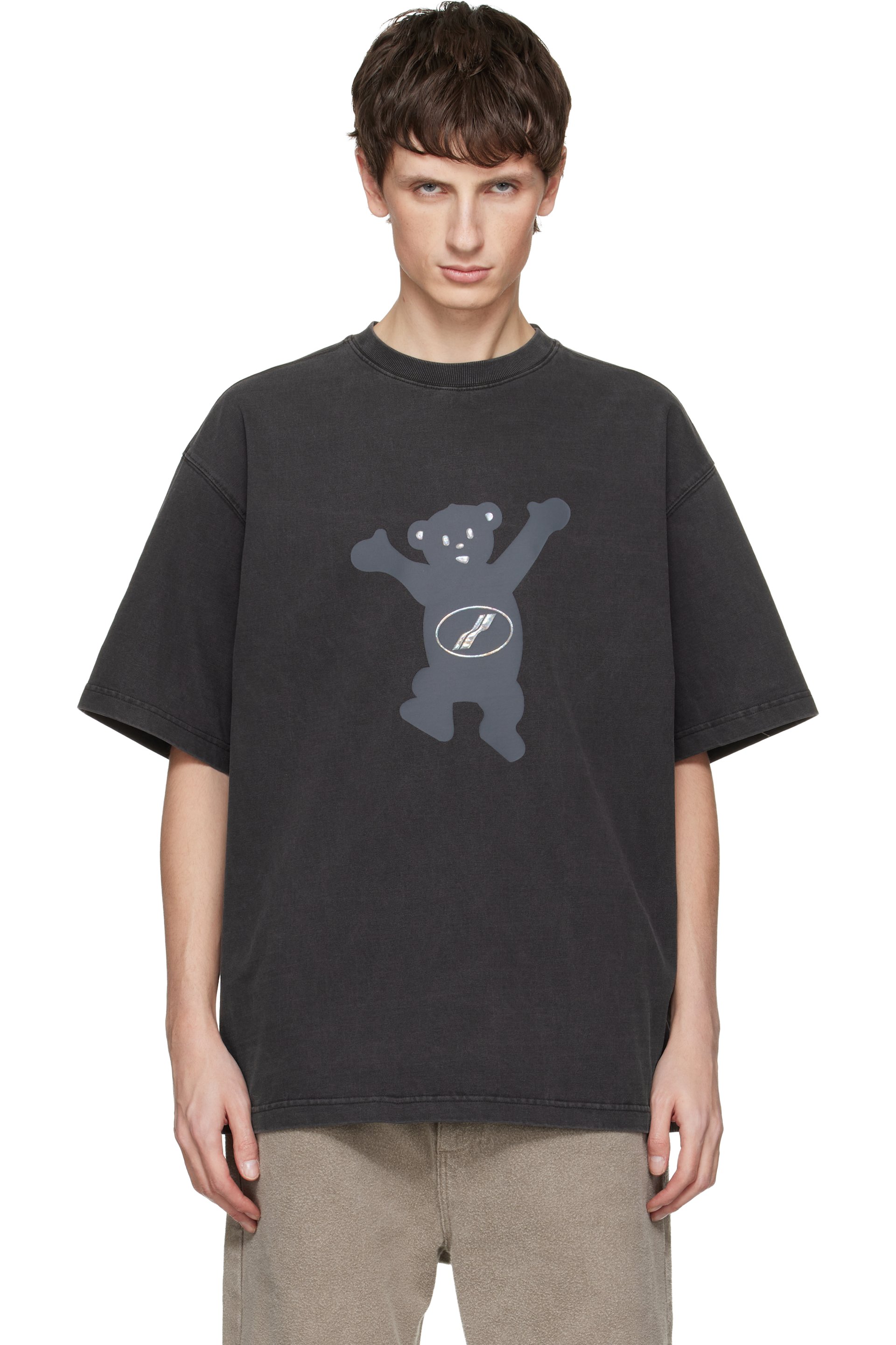 We11done - T-shirt gris à images d'ourson à logo