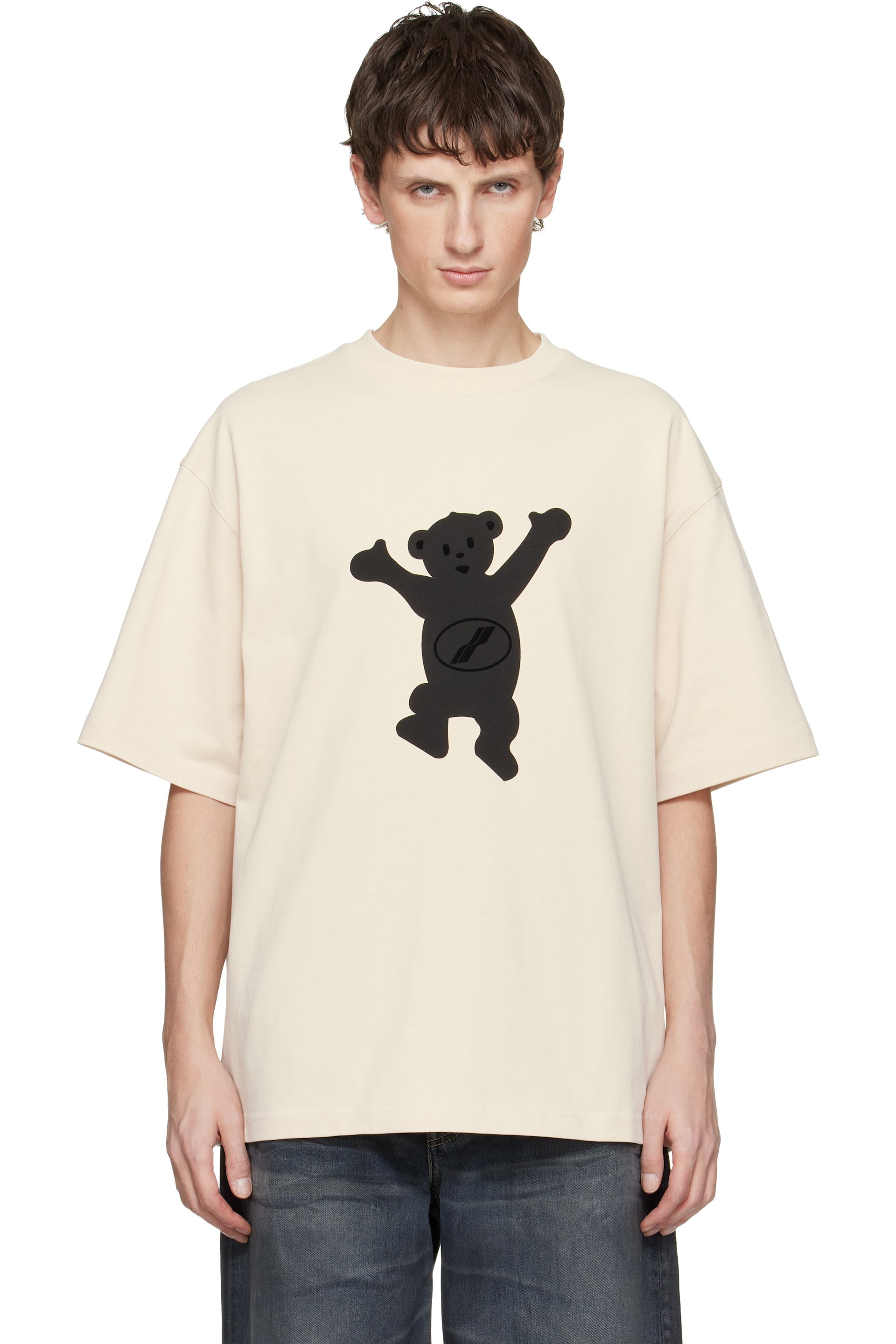 We11done - T-shirt blanc cassé à images d'ourson à logo