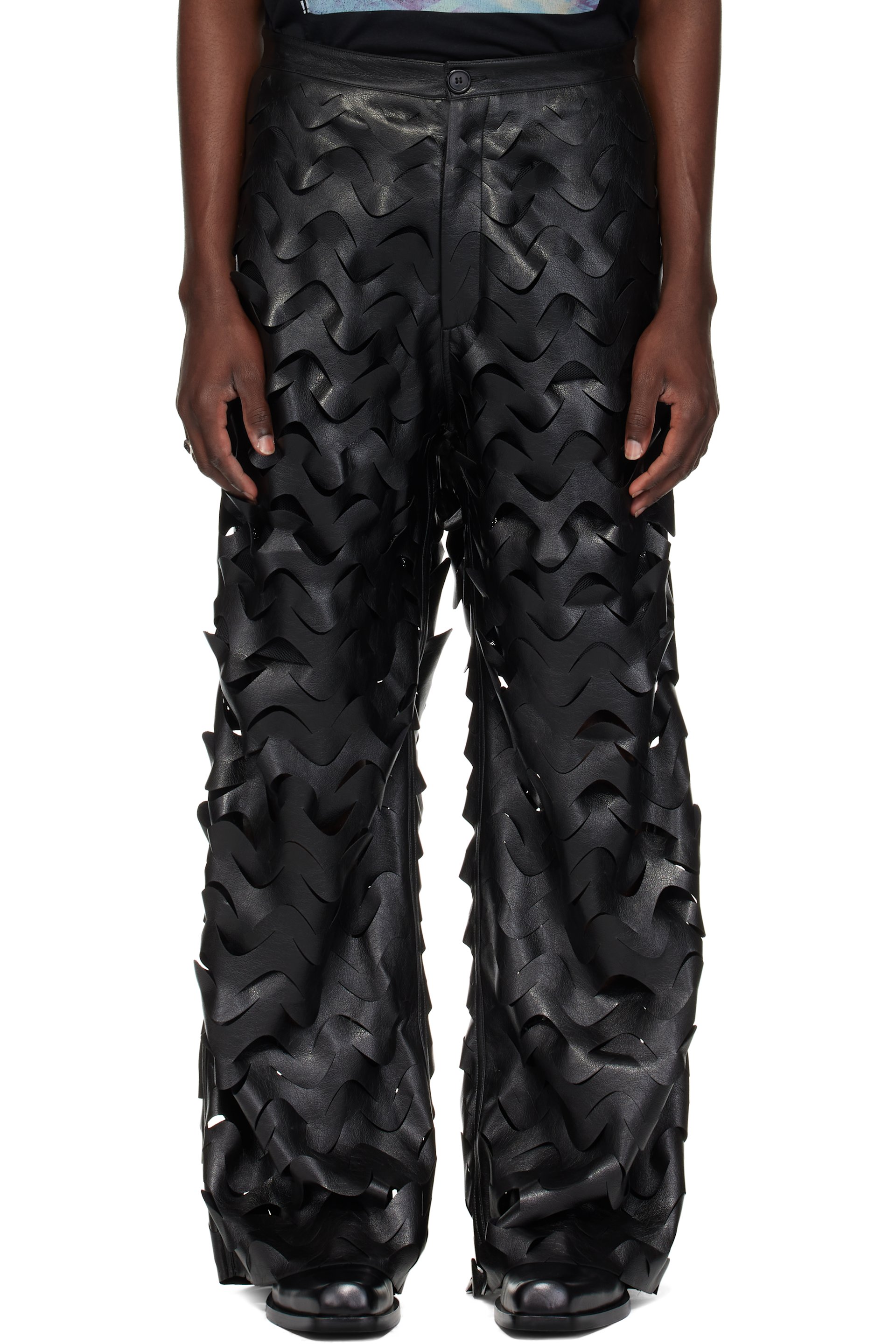 LU'U DAN - Black Laser Cut Wide-Leg Faux-Leather Pants