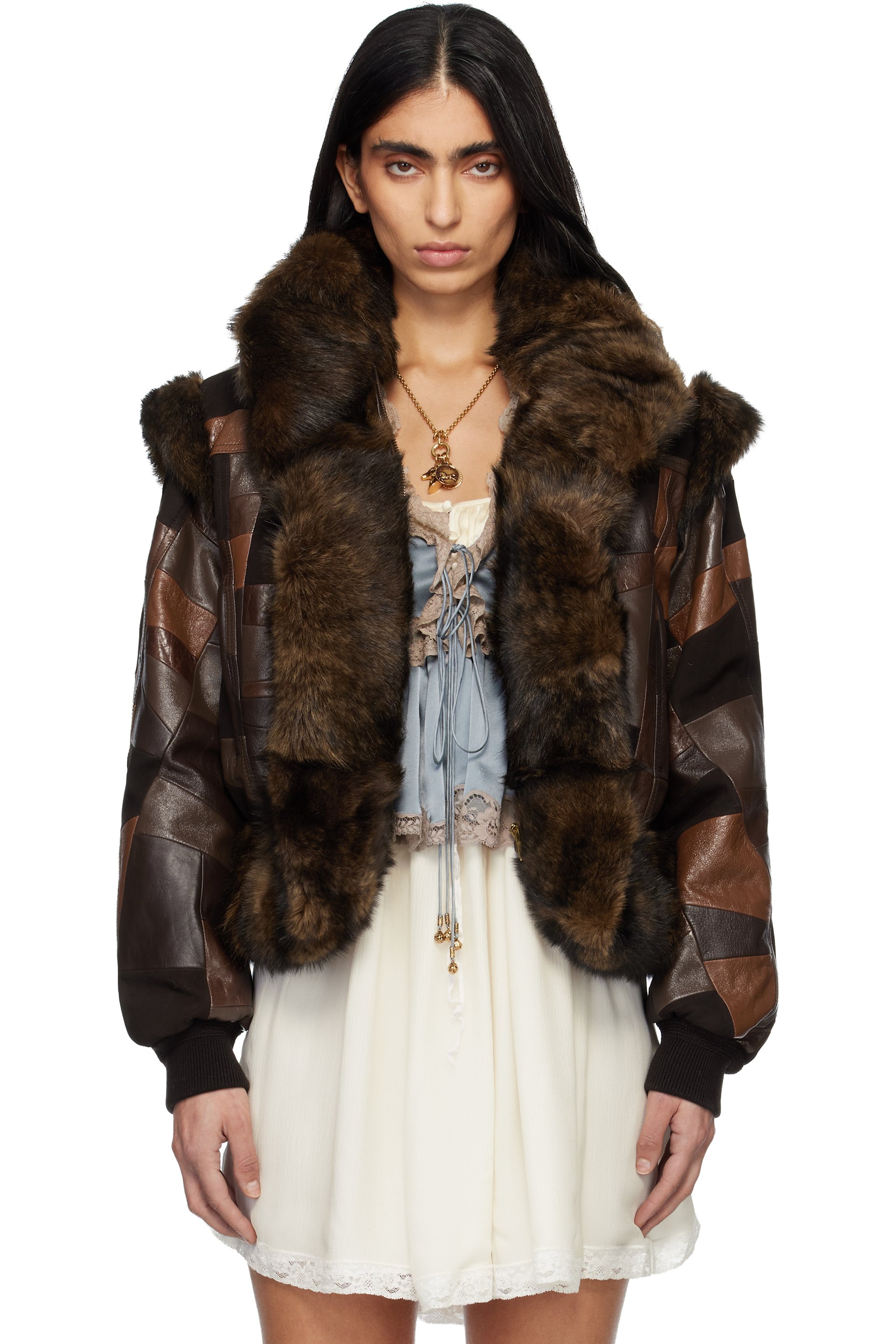 Chloé - Brown Short Hybrid Leather Bomber Jacket