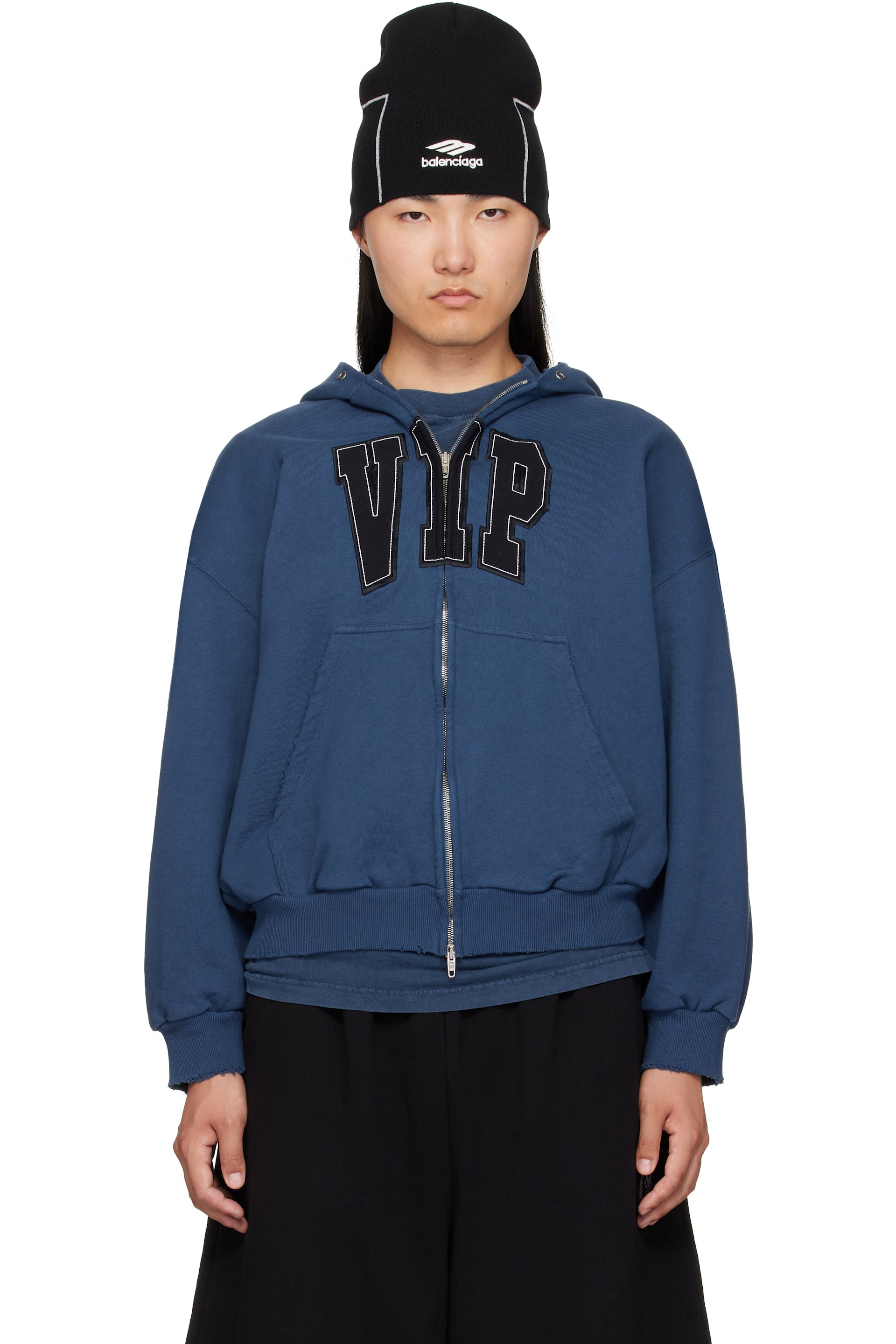 Balenciaga - Pull à capuche bleu à glissière et à logo