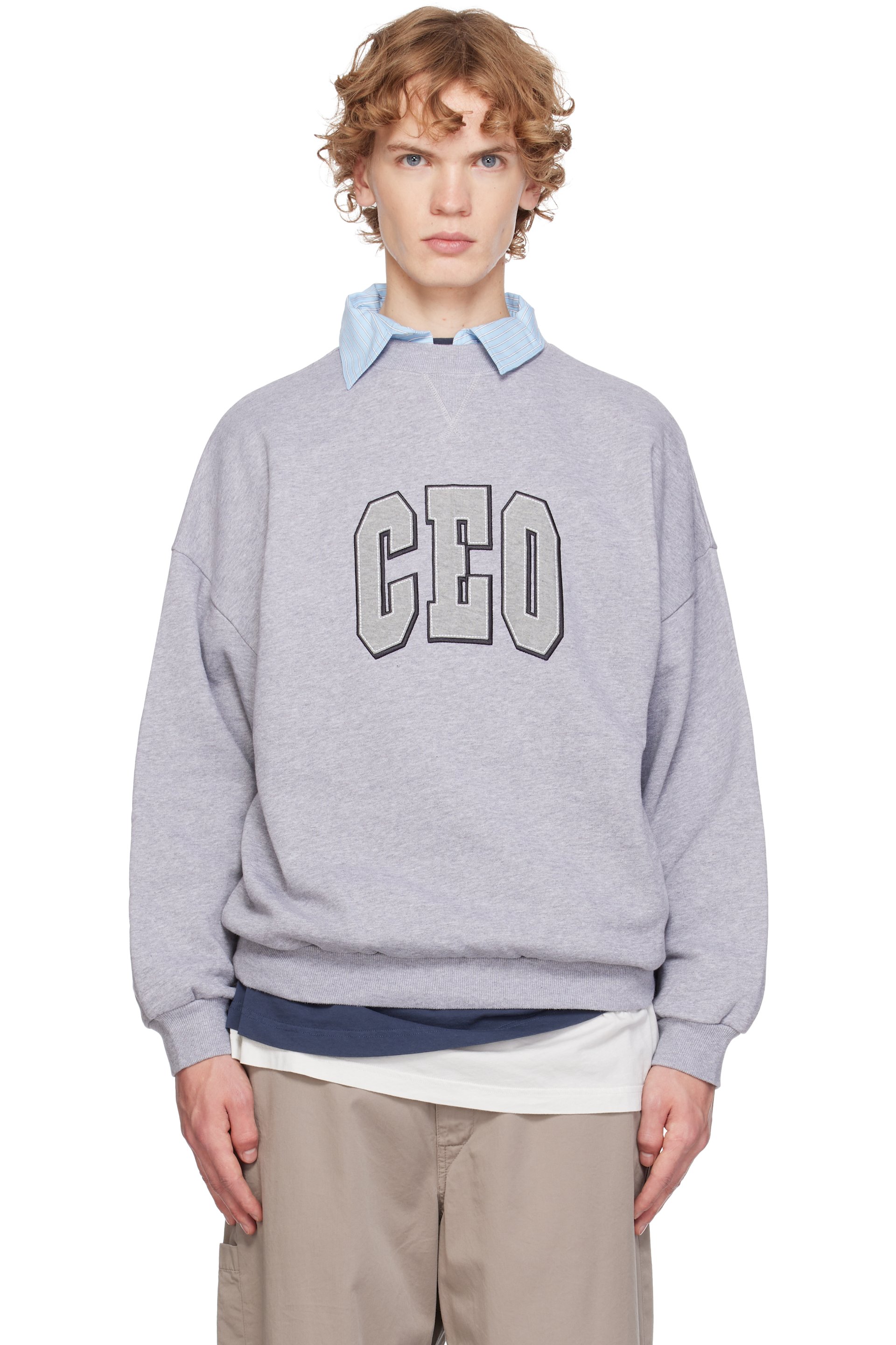 Balenciaga - Gray & Blue 'CEO' Team Logo Dry Molleton Shirt Crewneck