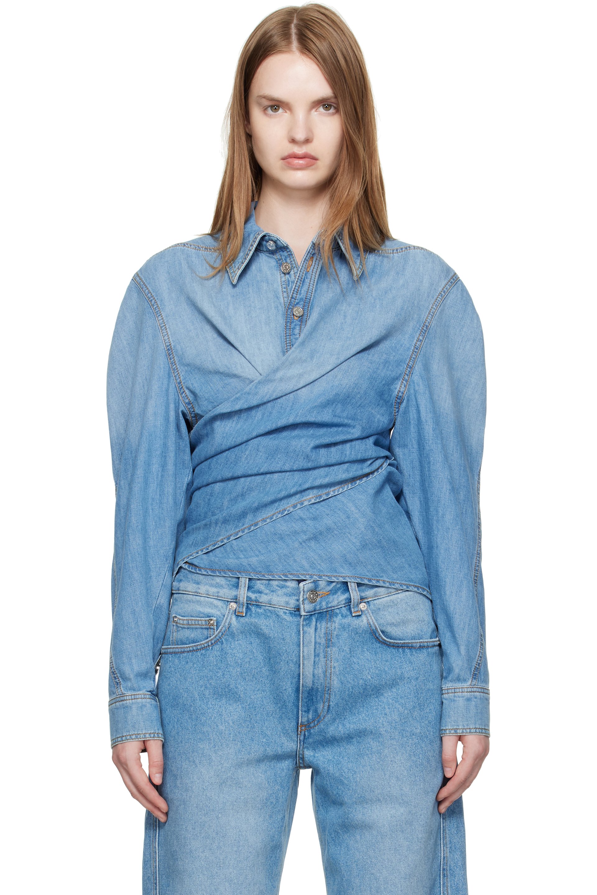 Mugler - Chemise cache-cœur bleue en chambray