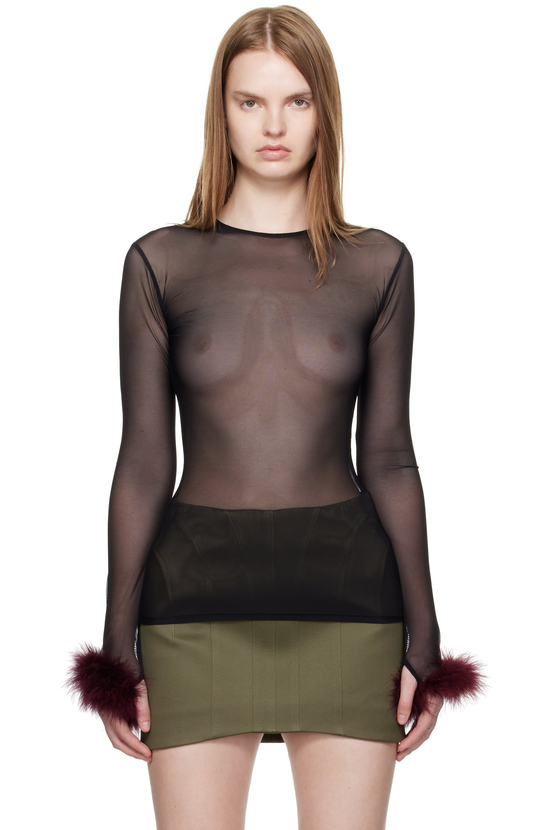 Mugler - T-shirt noir en filet à garnitures de style plumes marabou