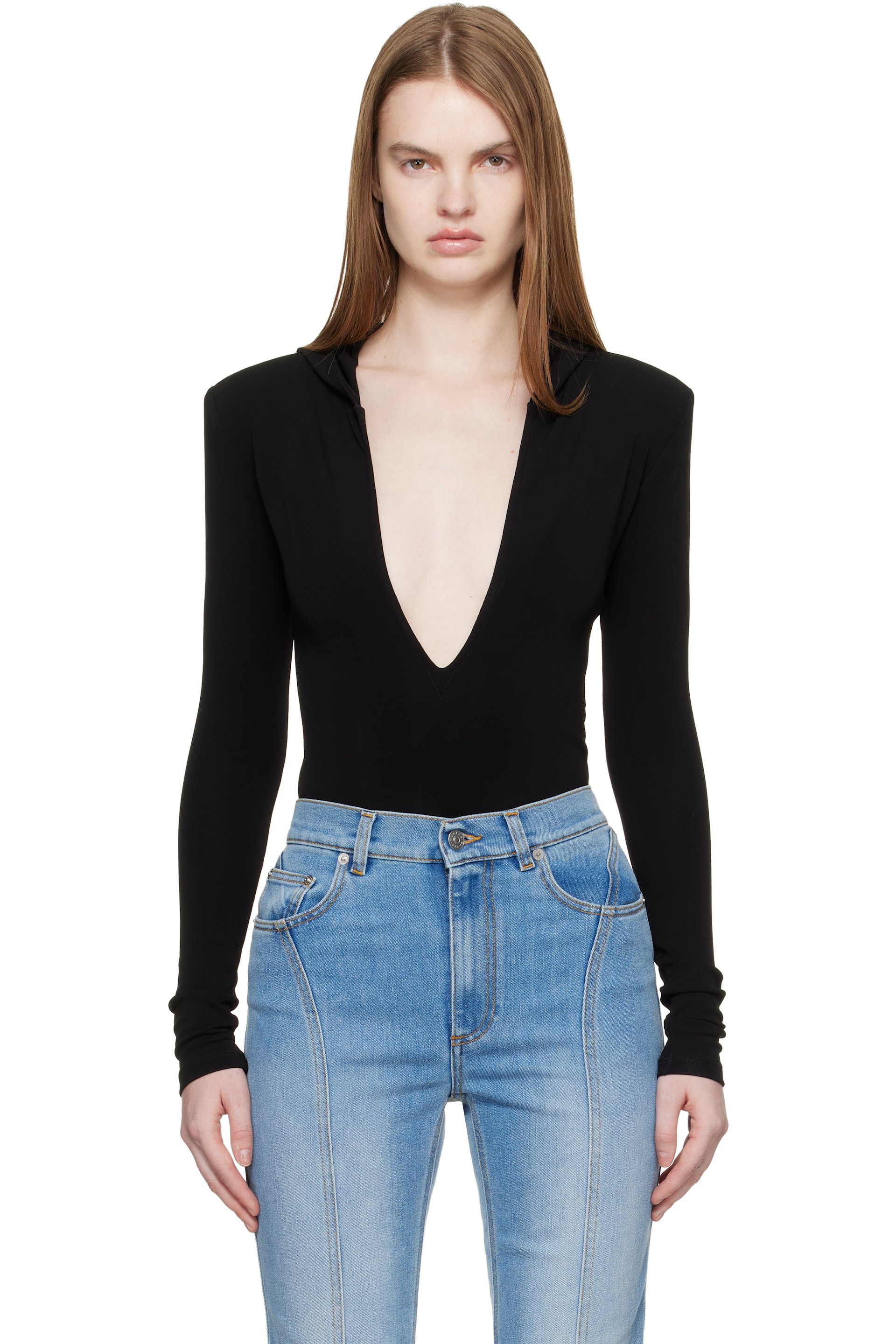 Mugler - Justaucorps noir à capuche et à col en V