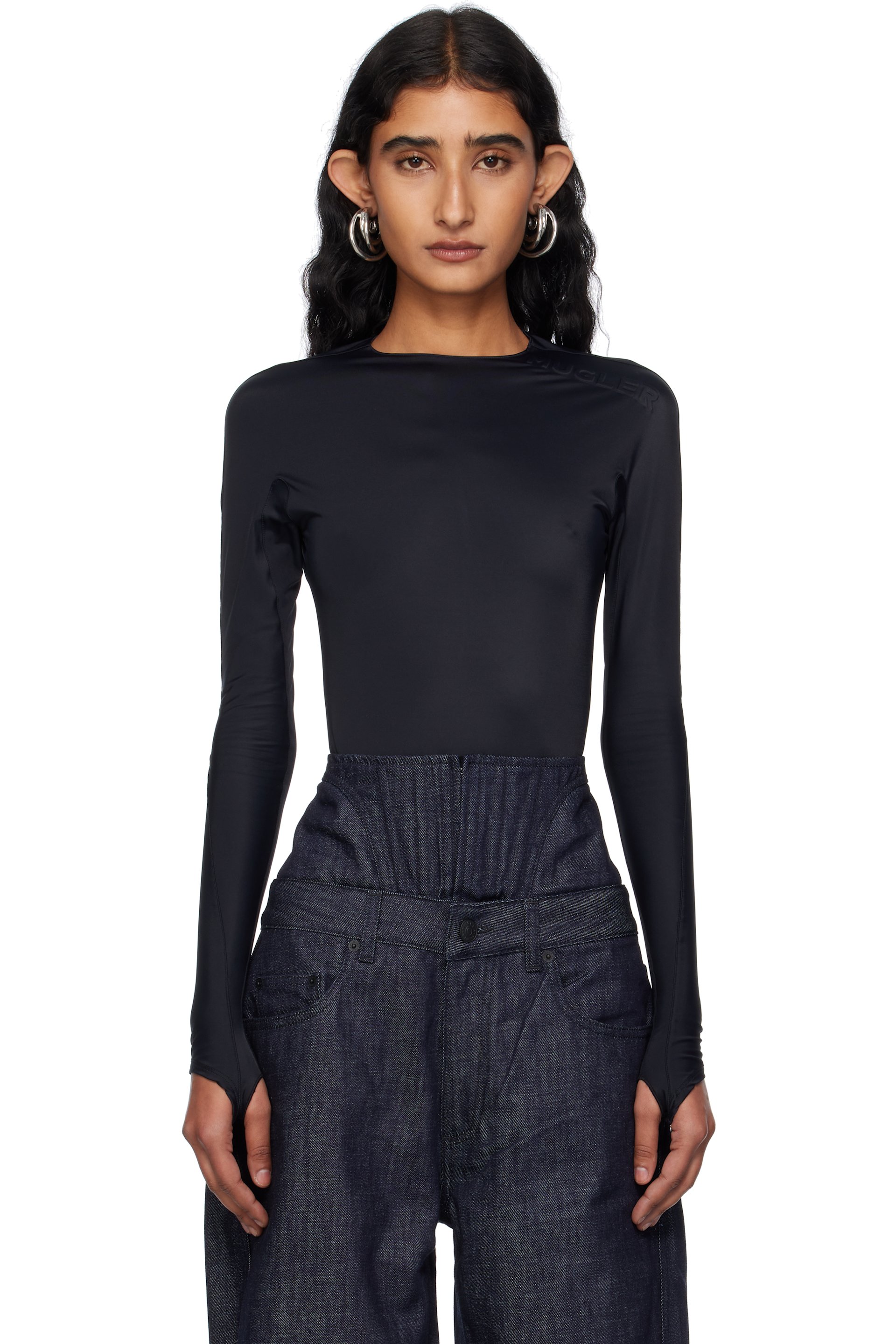 Mugler - Justaucorps noir à épaule à logo