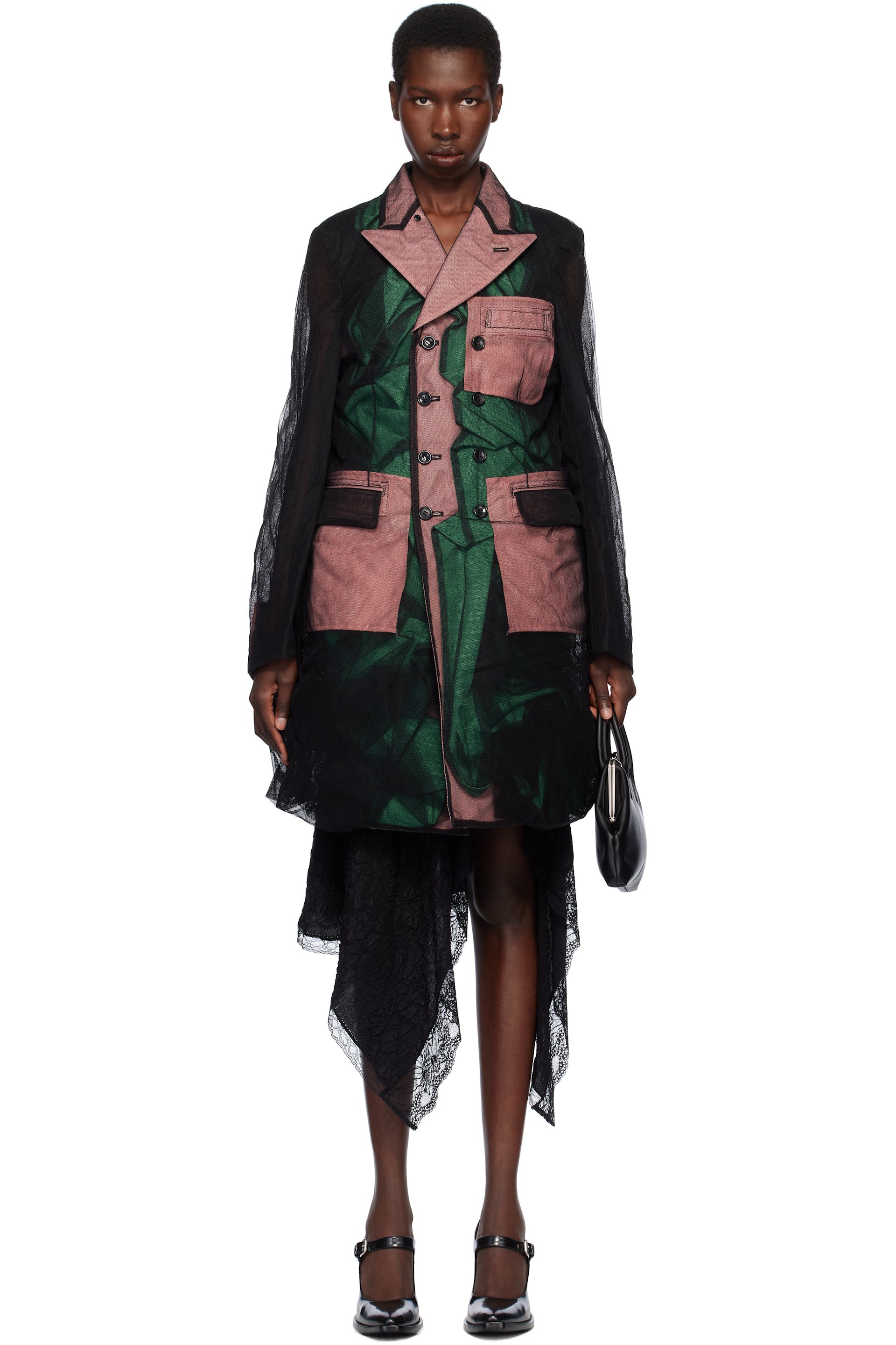 Comme des Garçons Homme Plus - Manteau noir et vert en gabardine de polyester et en tulle de nylon