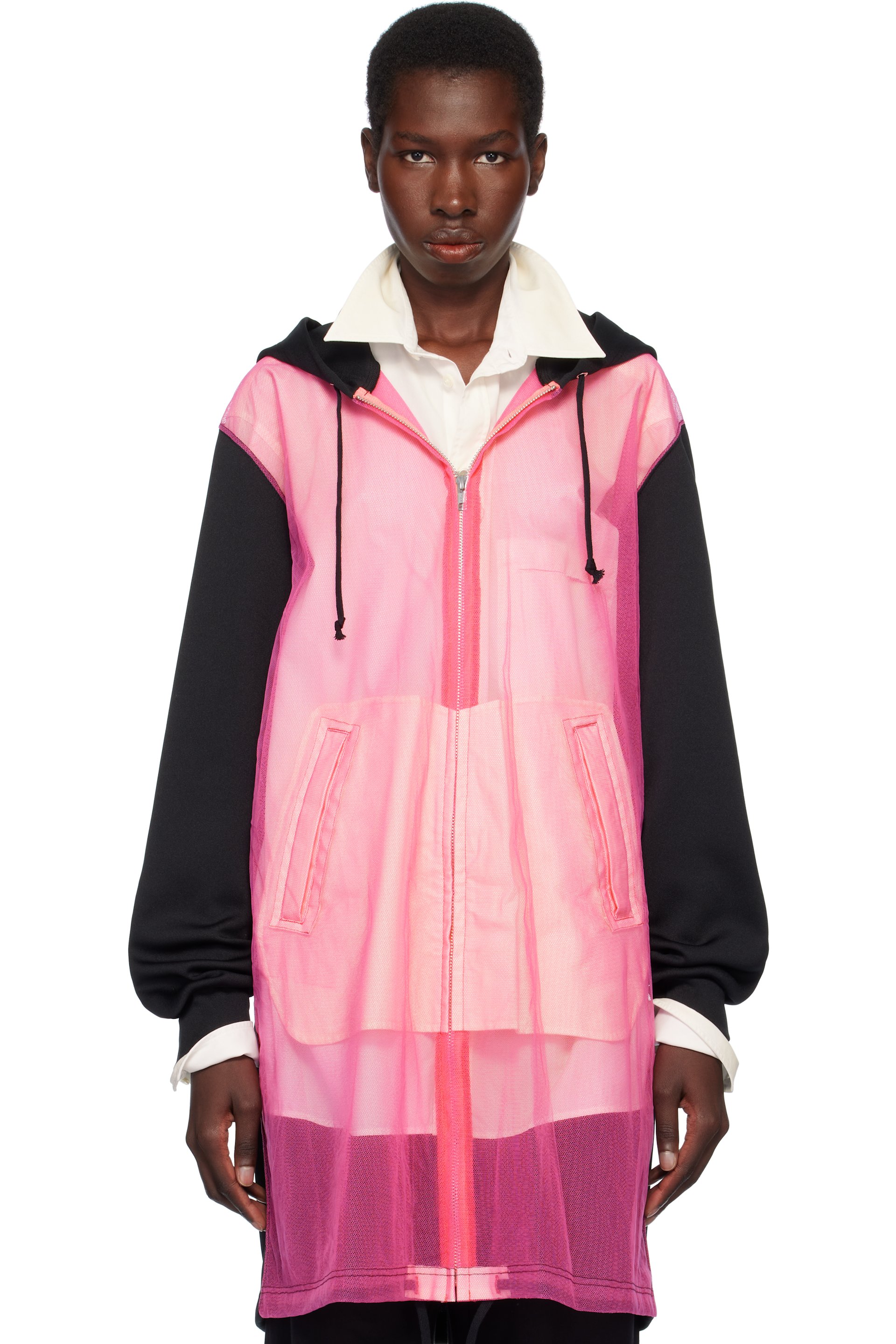 Comme des Garçons Homme Plus - Pull à capuche noir et rose en jersey épais et en tulle de nylon à glissière