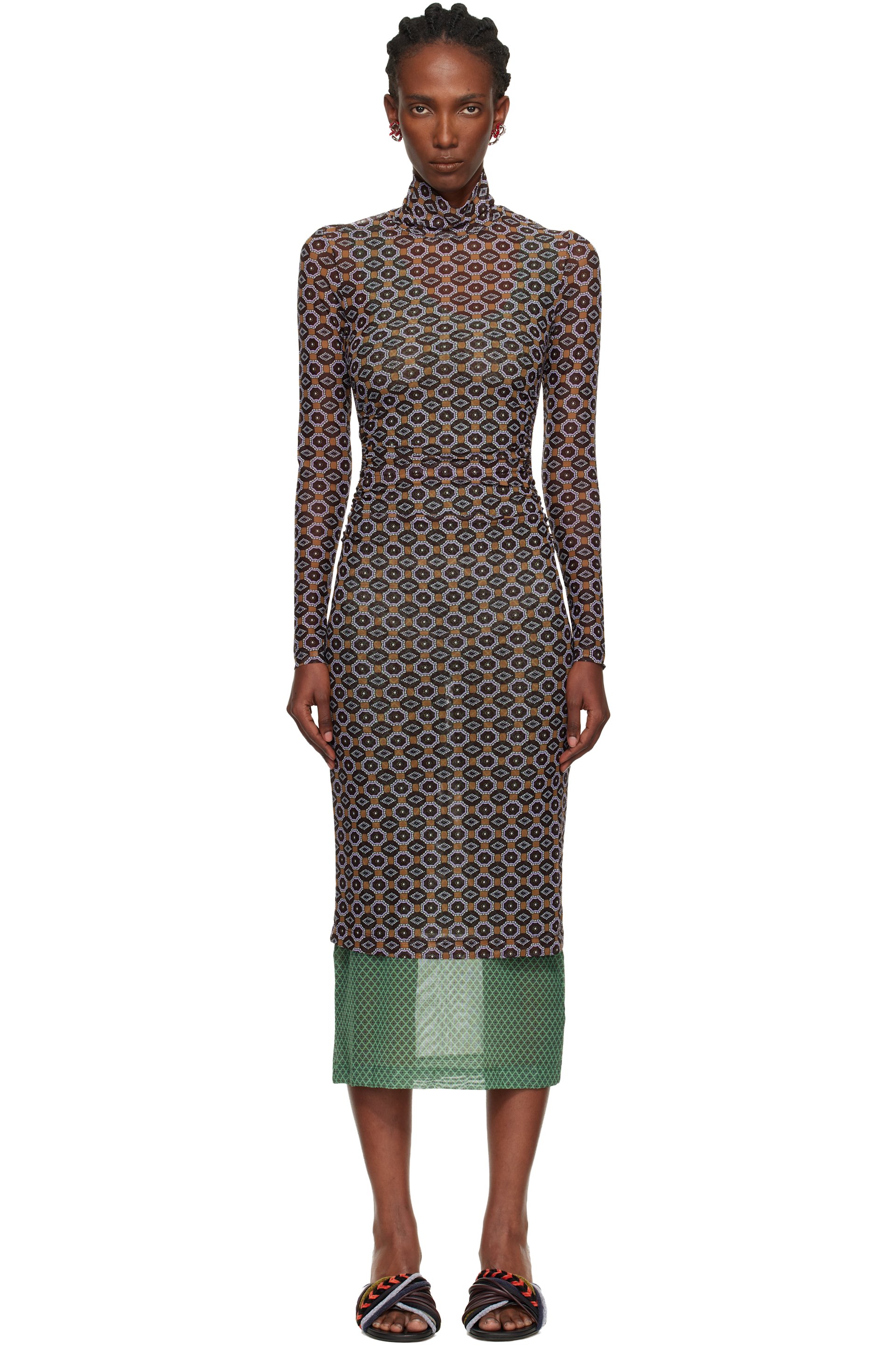 Dries Van Noten - Robe midi brun et vert en filet transparent
