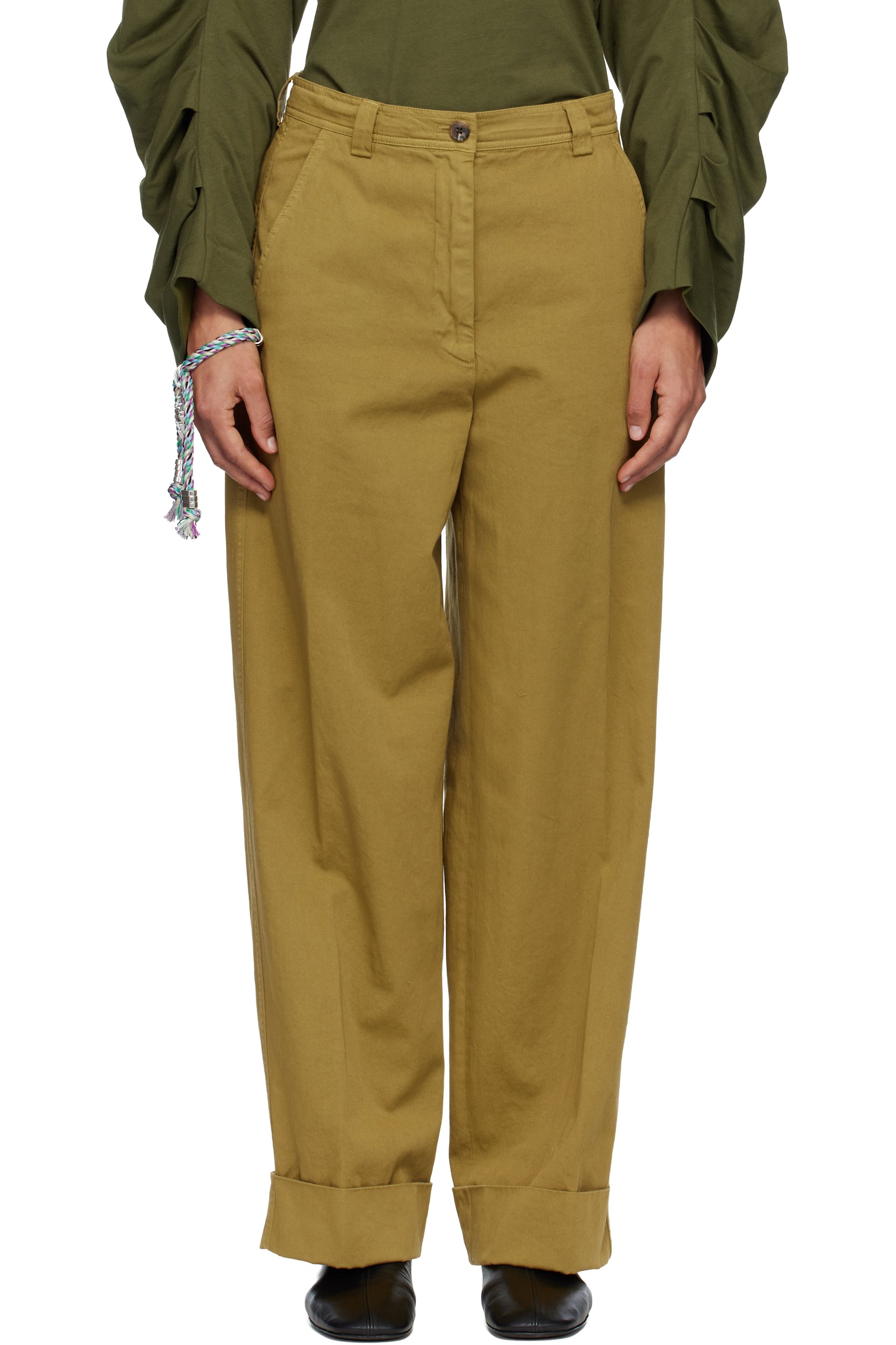Dries Van Noten - Pantalon kaki en coton à revers