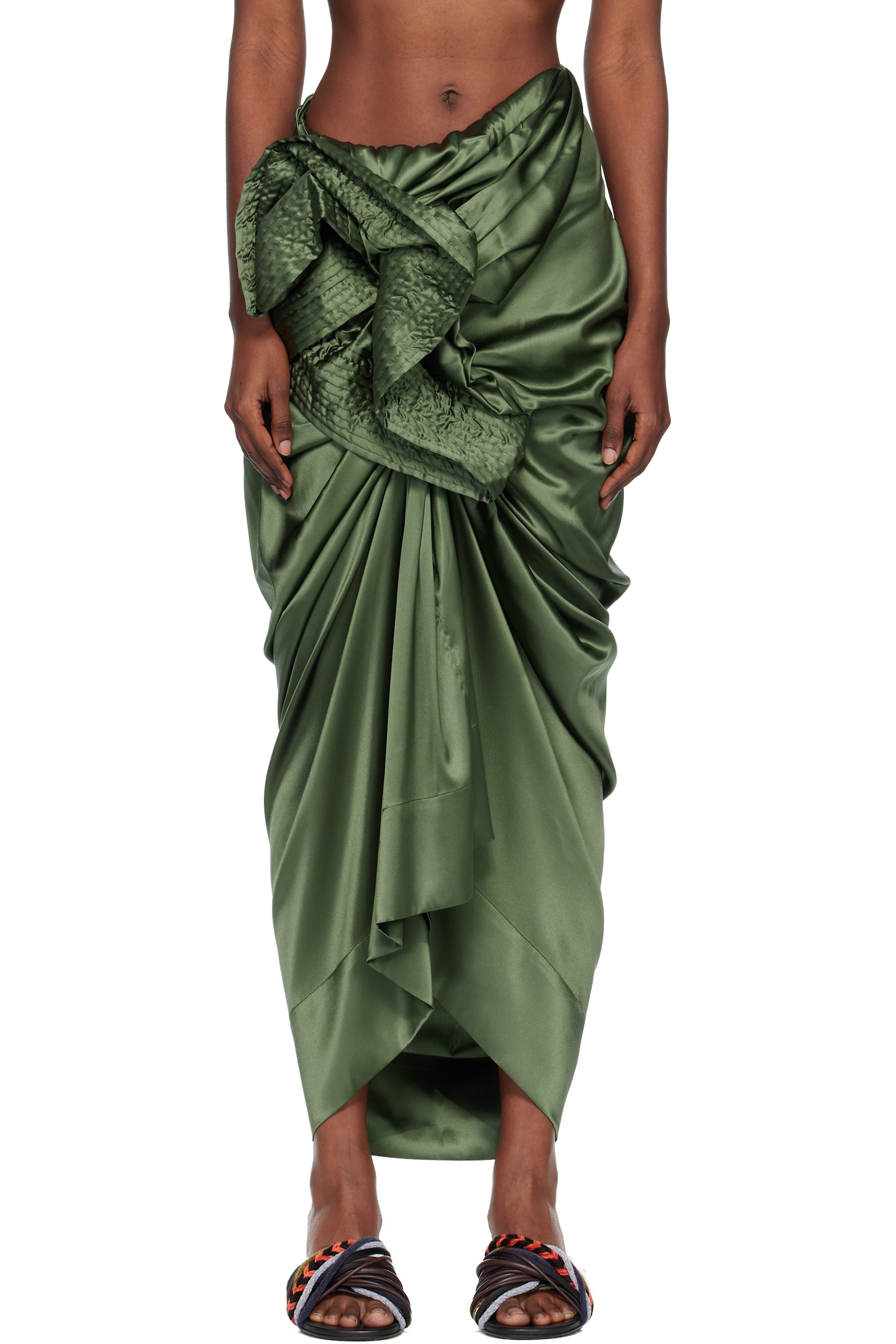 Dries Van Noten - Jupe midi drapée kaki en satin de soie