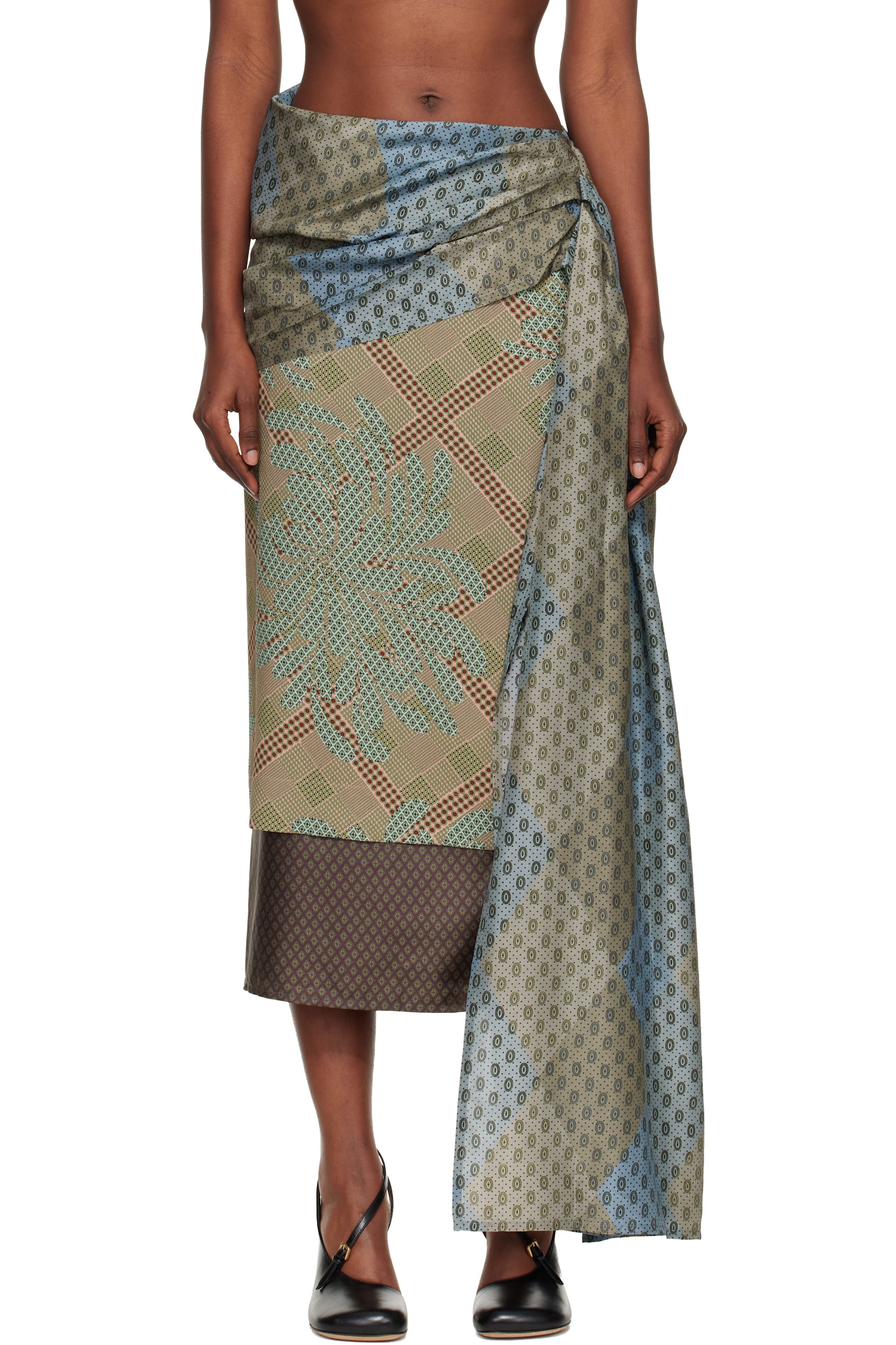 Dries Van Noten - Jupe midi étagée verte à motifs