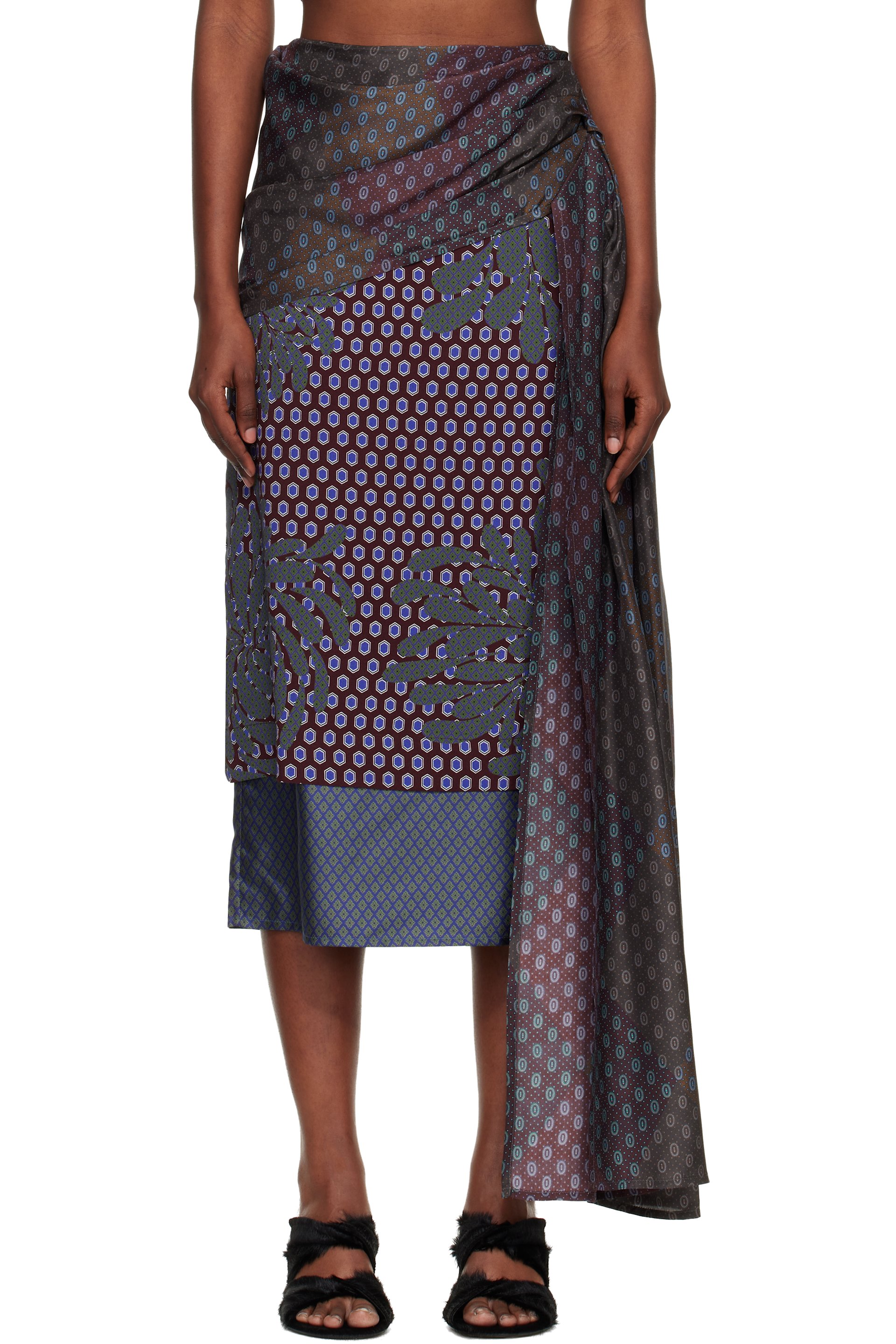 Dries Van Noten - Jupe midi étagée bourgogne et vert à motifs