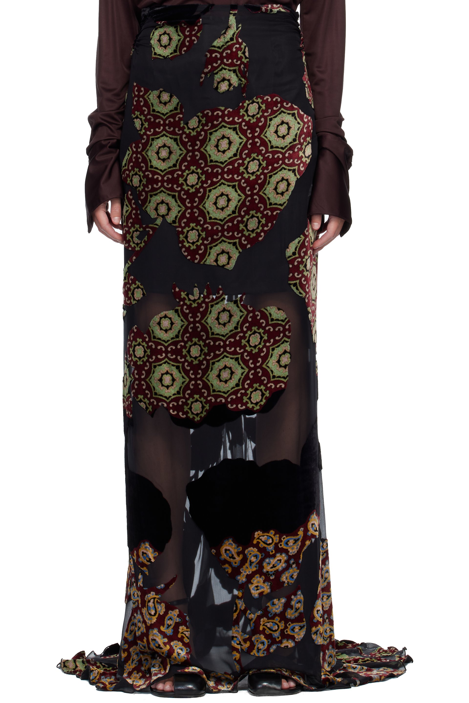 Dries Van Noten - Jupe longue étagée noire en viscose et soie