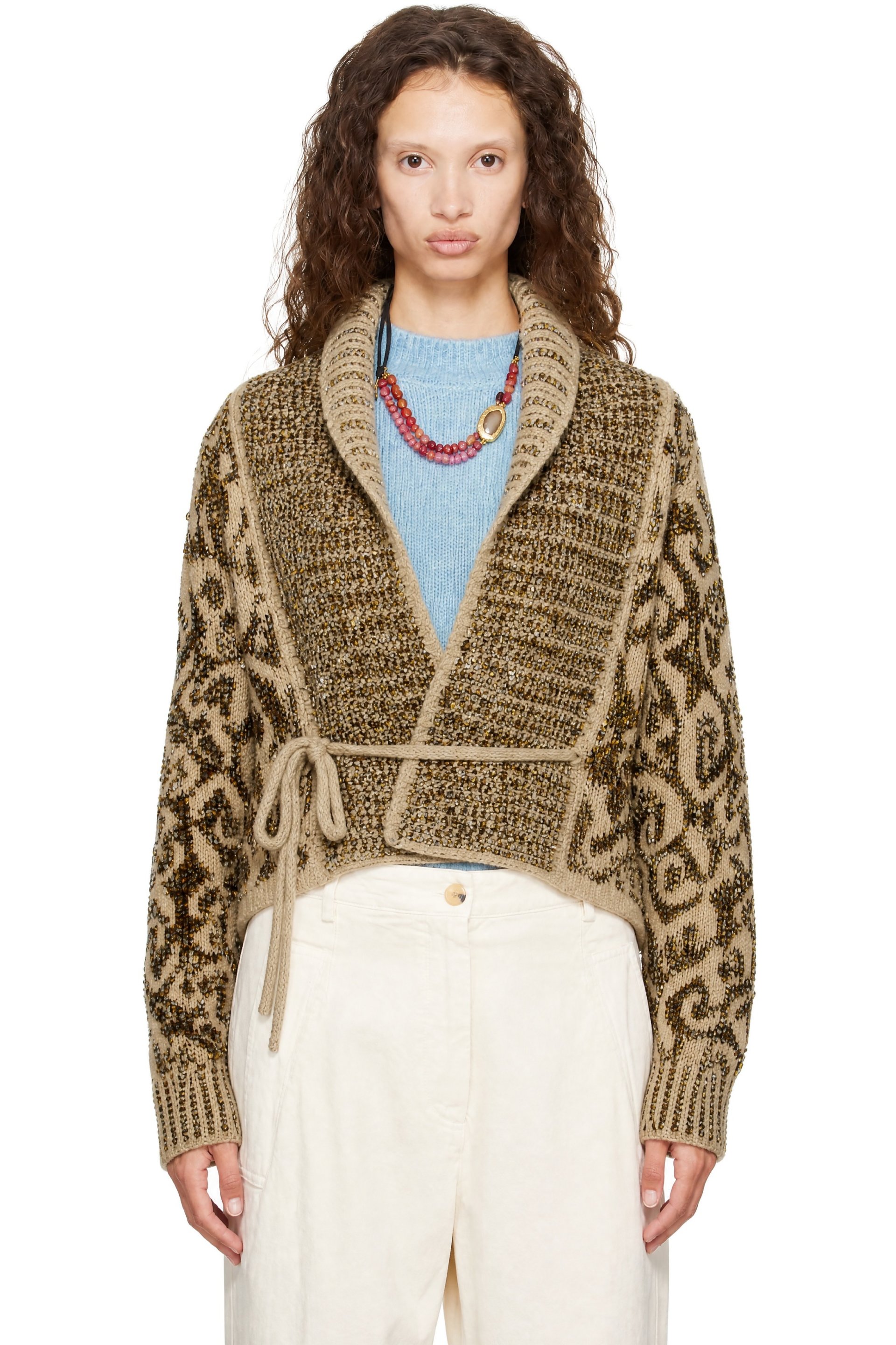 Dries Van Noten - Beige Jacquard Cardigan