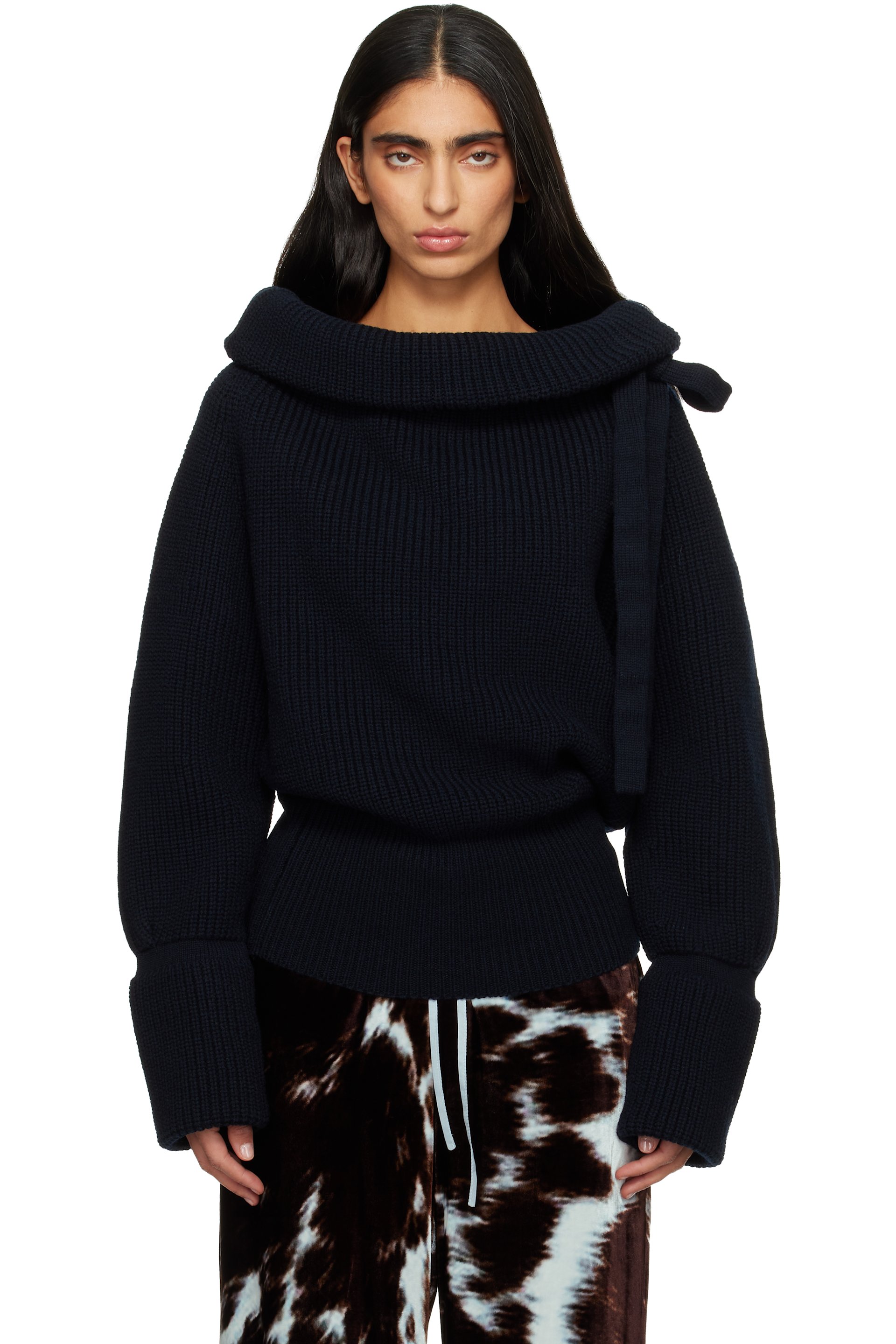 Navy Drawstring Turtleneck by Dries Van Noten on Sale