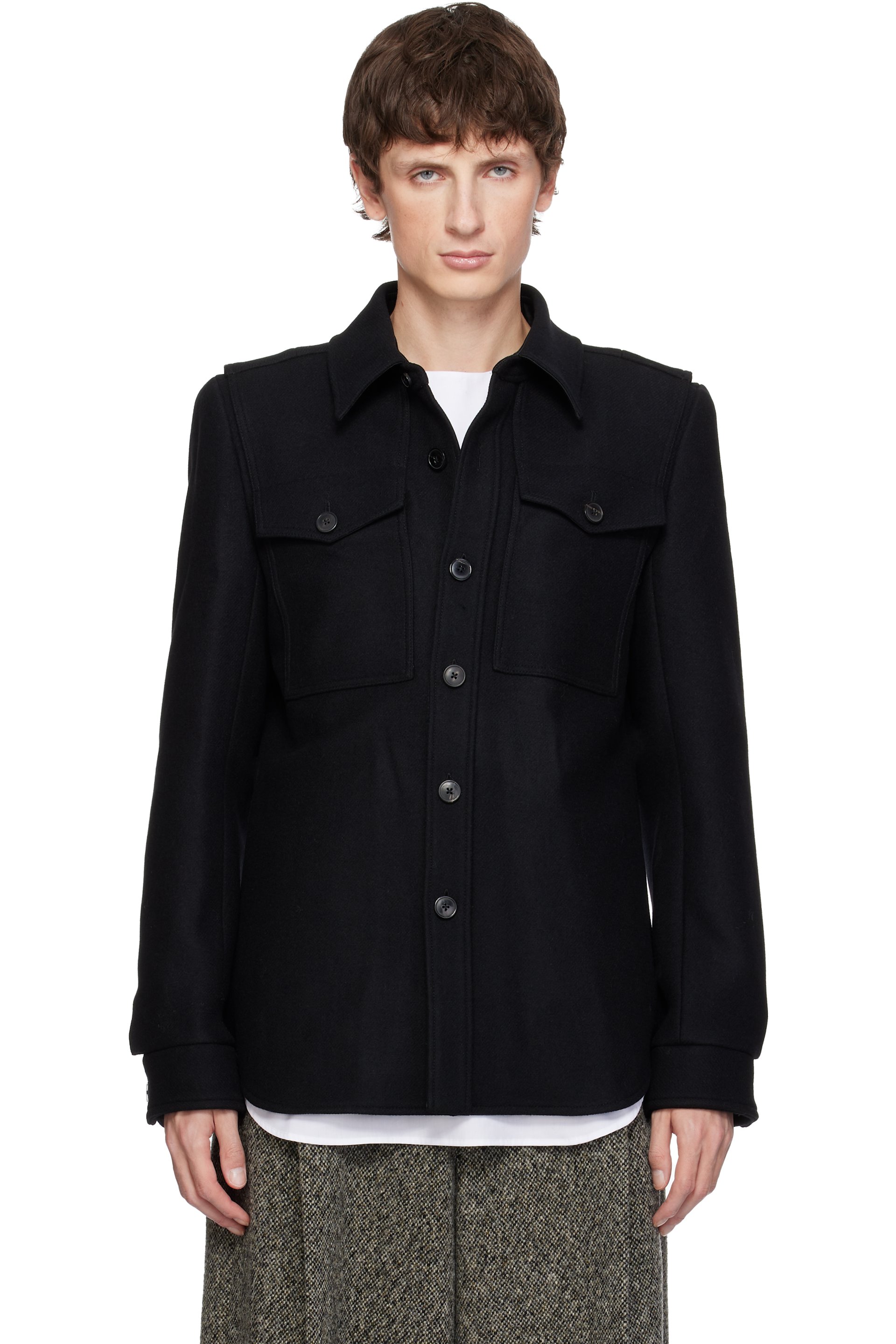 Dries Van Noten: Black Constructed Wool Overshirt | SSENSE