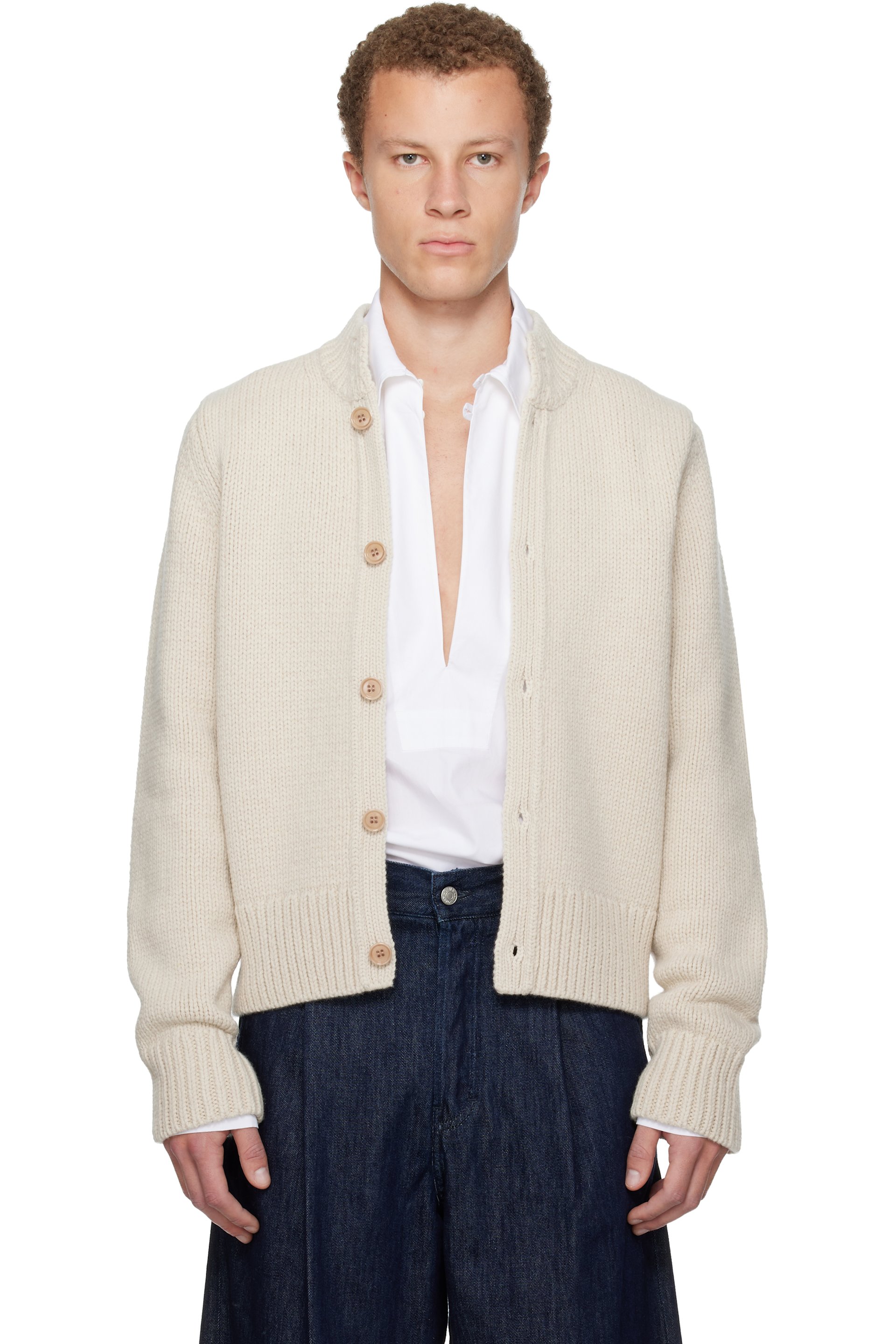 Dries Van Noten - Cardigan blanc cassé en laine mérinos