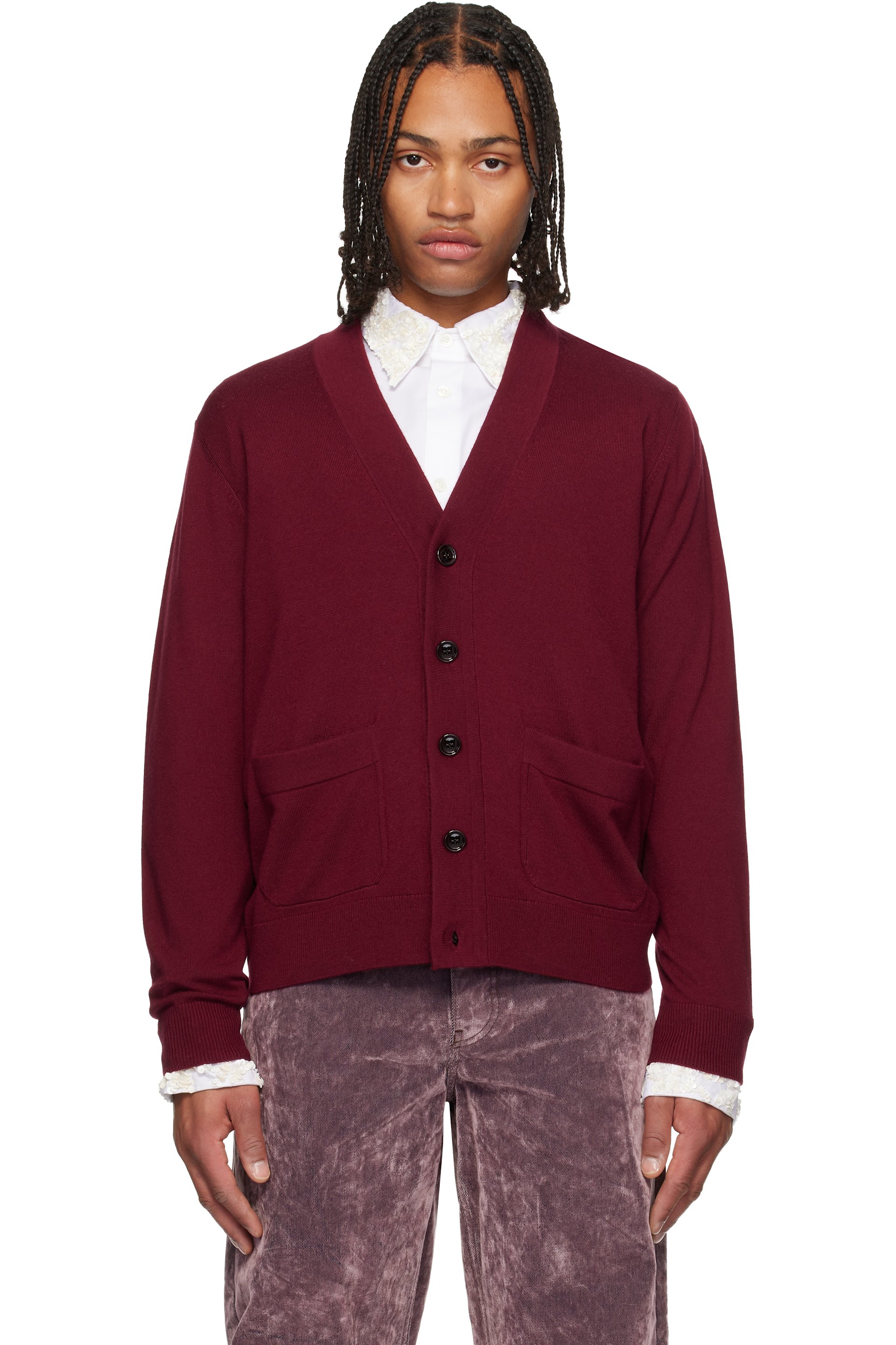 Dries Van Noten - Cardigan bourgogne en laine mérinos