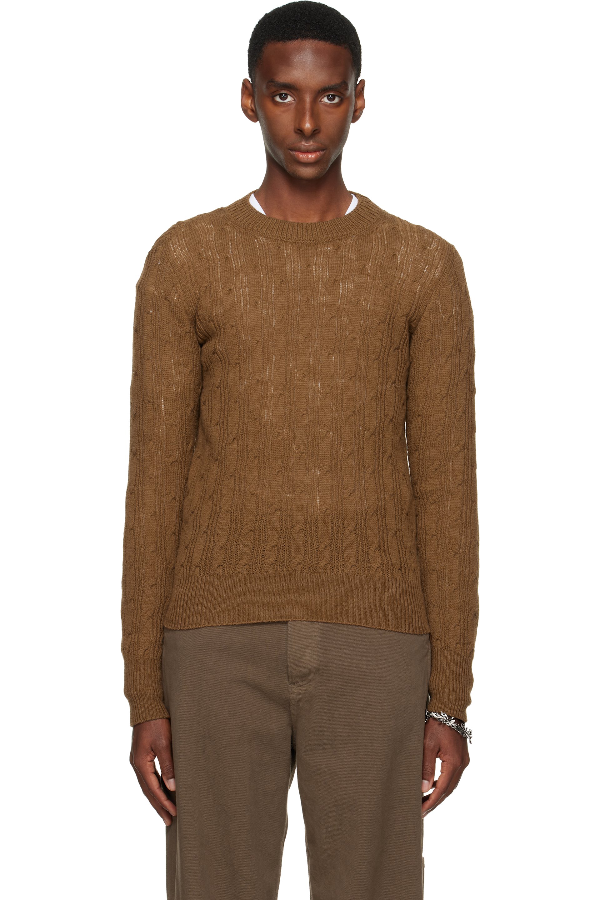 Dries Van Noten - Pull brun à col ras du cou