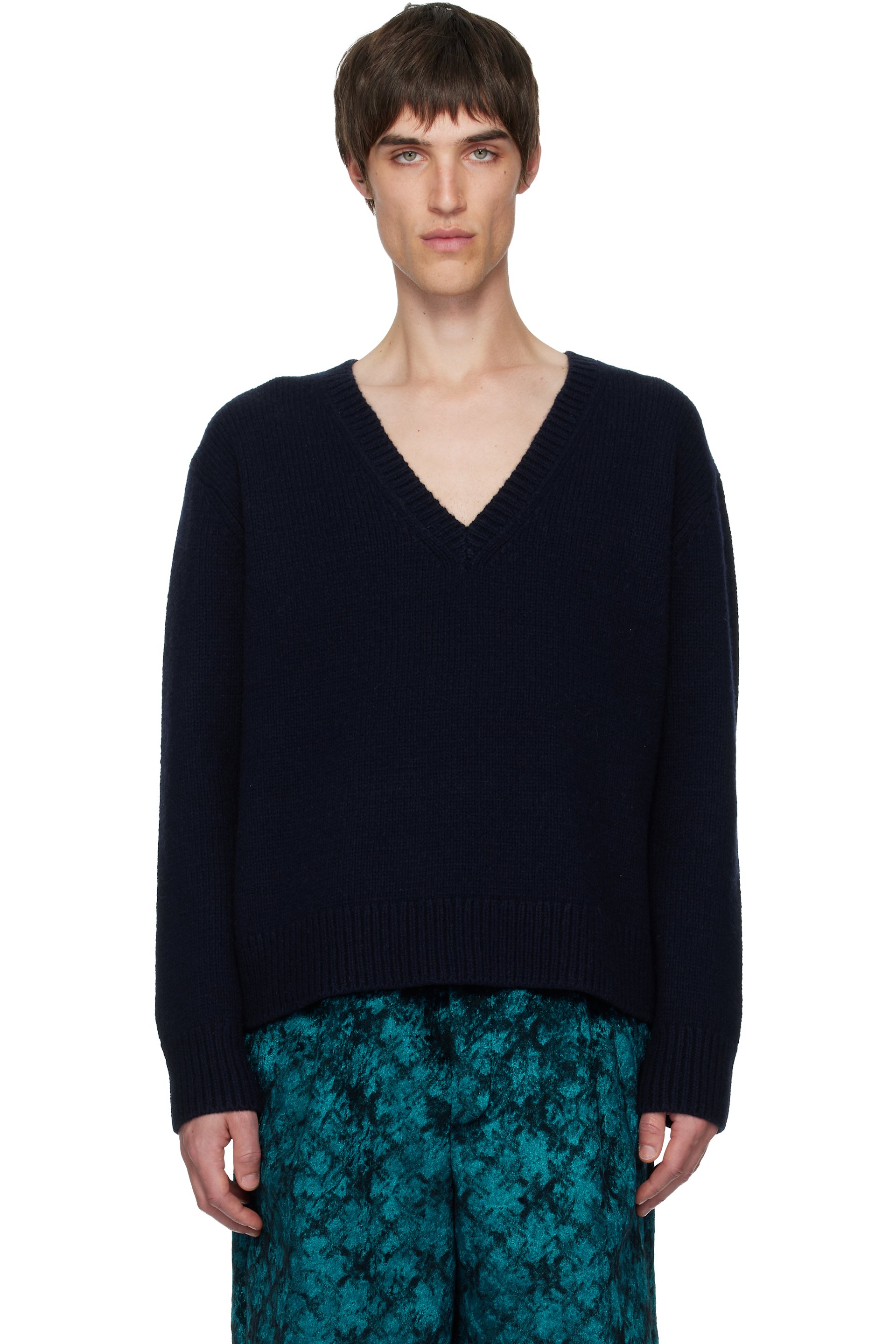 Dries Van Noten: Navy V-Neck Sweater | SSENSE