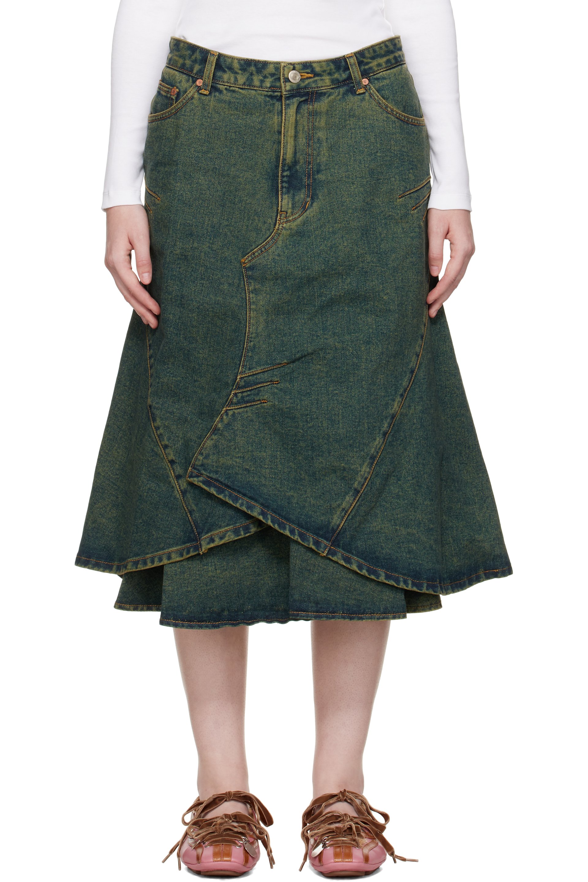 Andersson Bell - Blue Custom Flare Layered Denim Midi Skirt