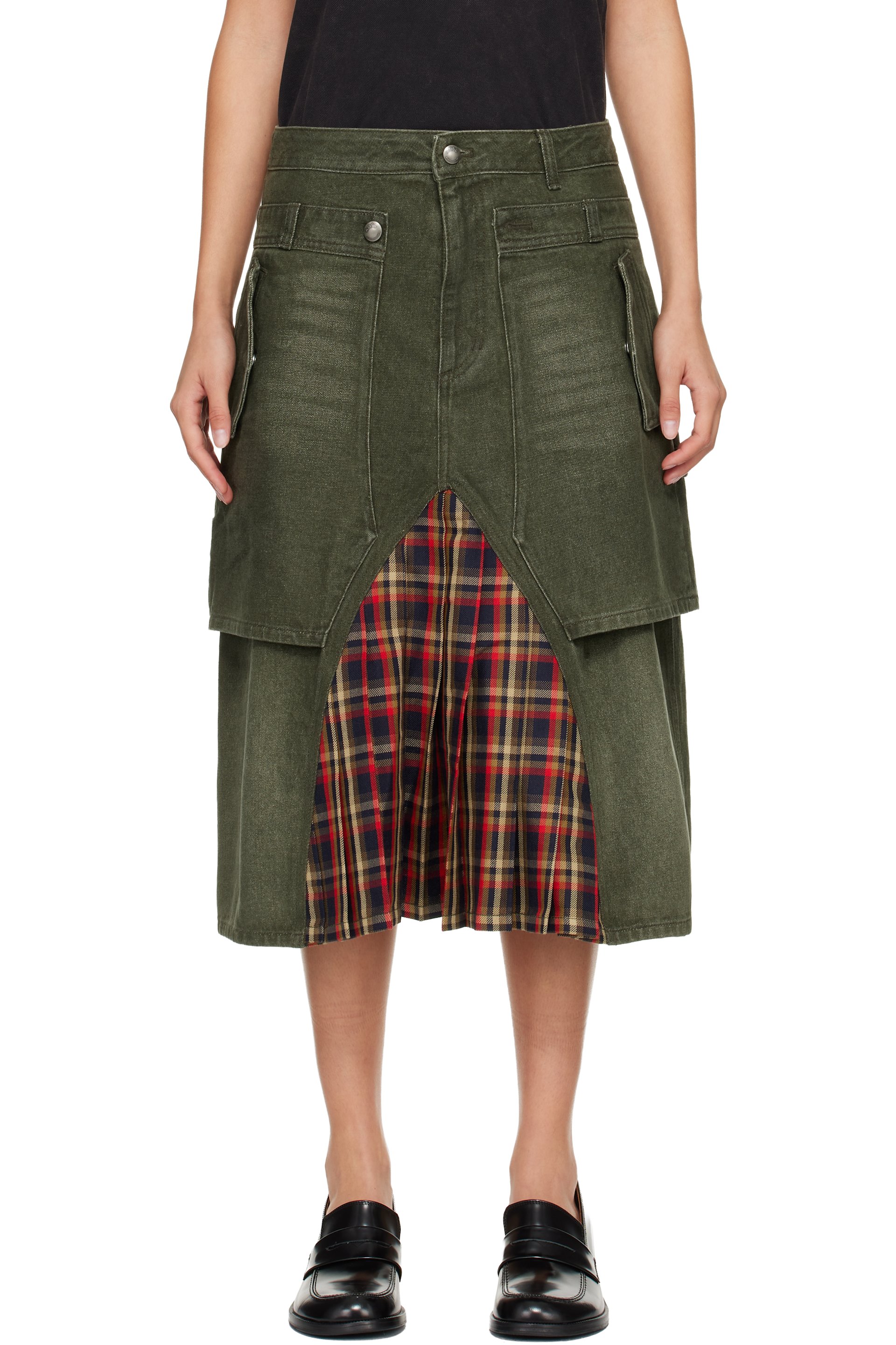 Andersson Bell - Khaki Raptor Layered Pleats Denim Midi Skirt